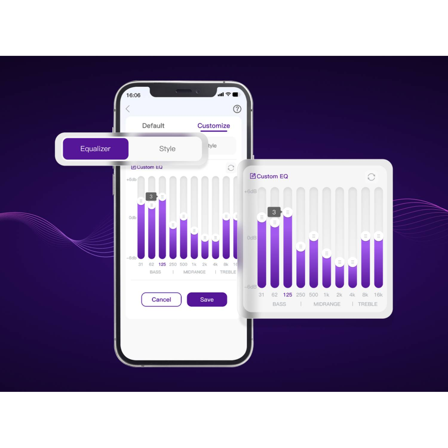 Dwa widoki korektora na ekranie smartfona na ciemnym tle z fioletowymi liniami.
