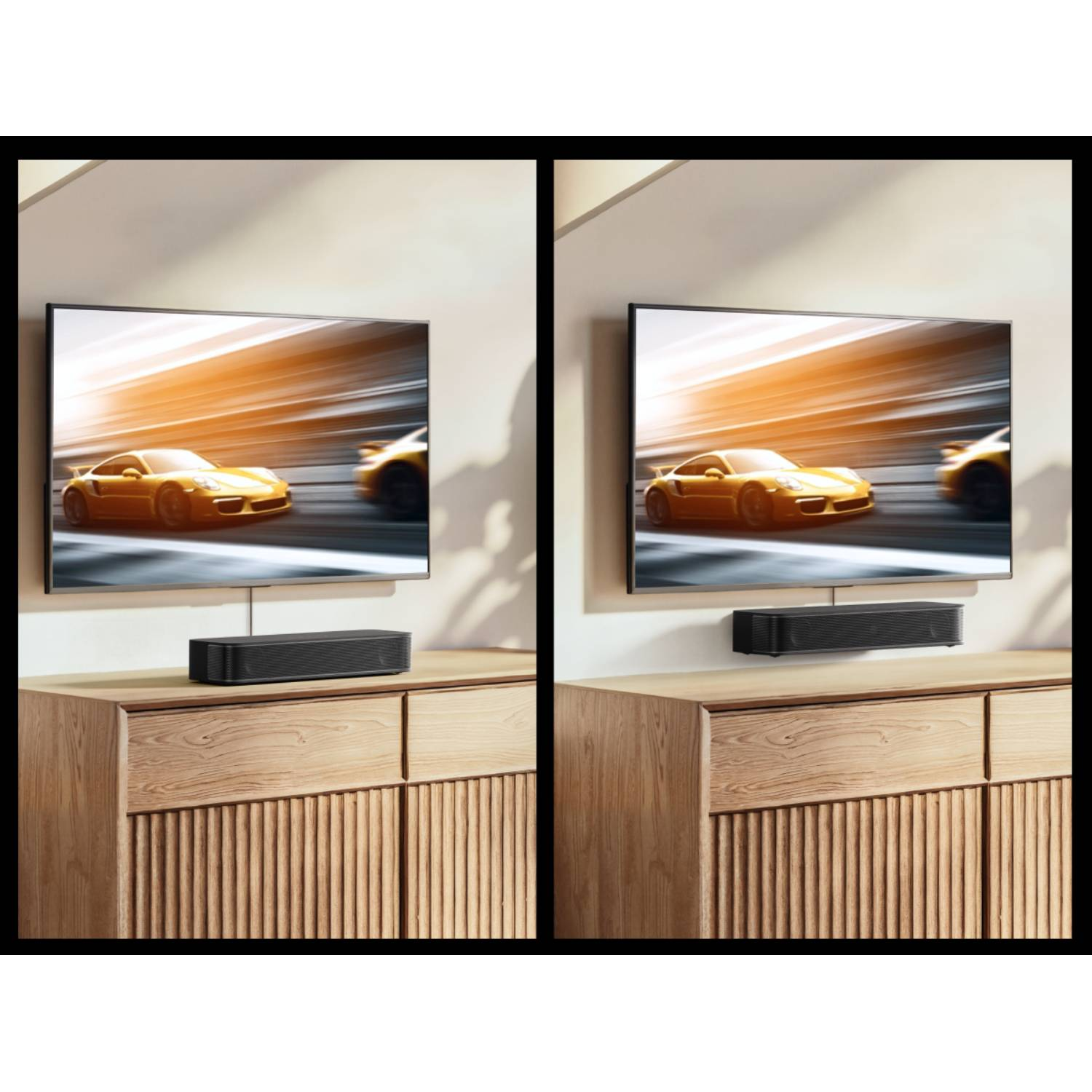 Dwa obrazy obok siebie: czarny soundbar pod telewizorem pokazującym samochody wyścigowe.
