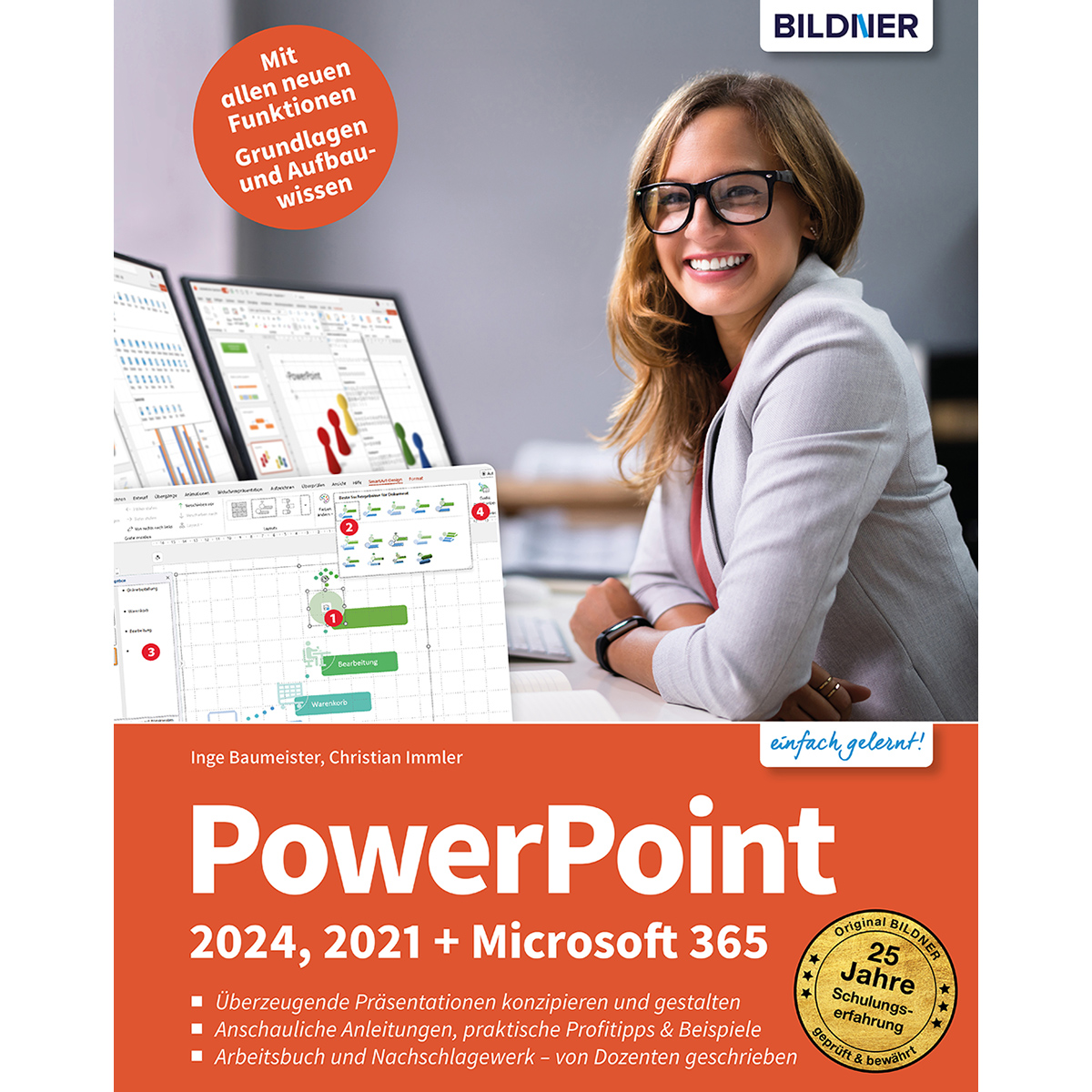 Frau mit Brille lächelt, Buchcover für PowerPoint-Schulung mit neuen Funktionen.