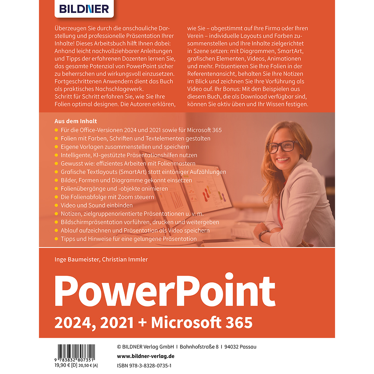 Buchcover mit Titel PowerPoint 2024, 2021 + Microsoft 365, Autoren und Inhaltsübersicht.