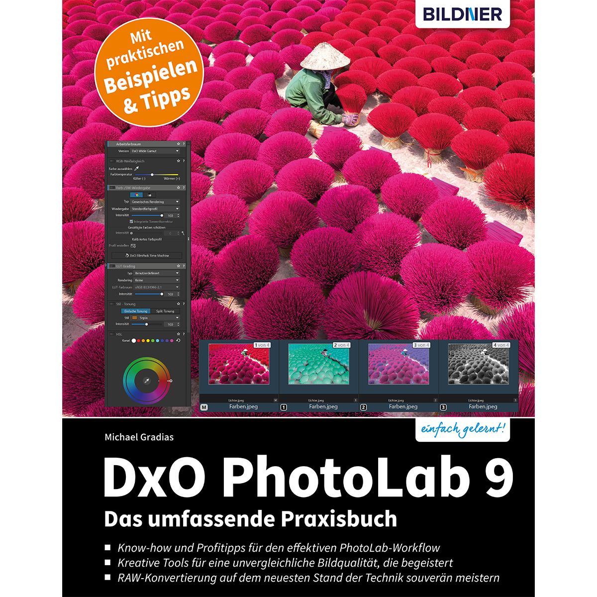 Ein Mann in einem Hut trocknet viele rote und pinke Blumenbündel auf einem Feld.