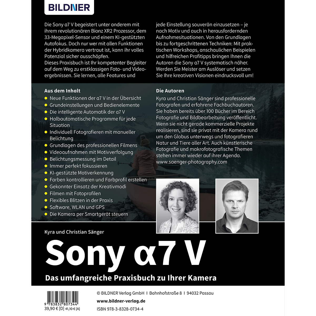 Buchcover für "Sony a7 V" mit Autorenfotos und Inhaltsübersicht.