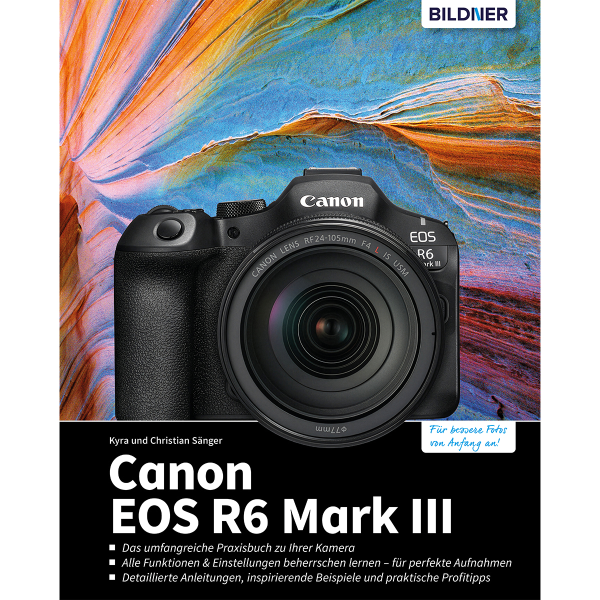 Eine schwarze Canon EOS R6 Mark III Kamera mit Objektiv vor abstraktem Hintergrund.