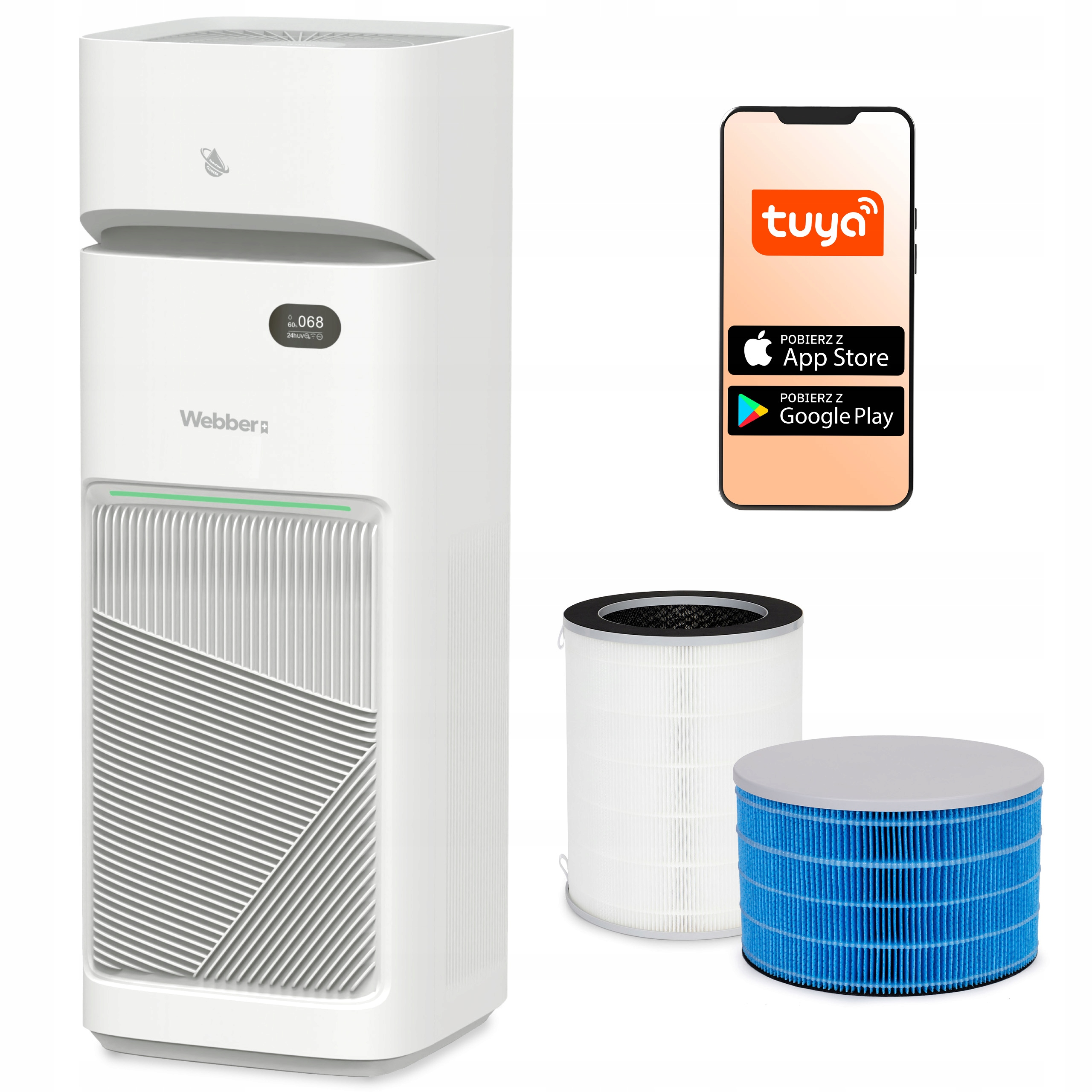 Biały oczyszczacz powietrza z zapasowymi filtrami i smartfonem pokazującym aplikację Tuya.
