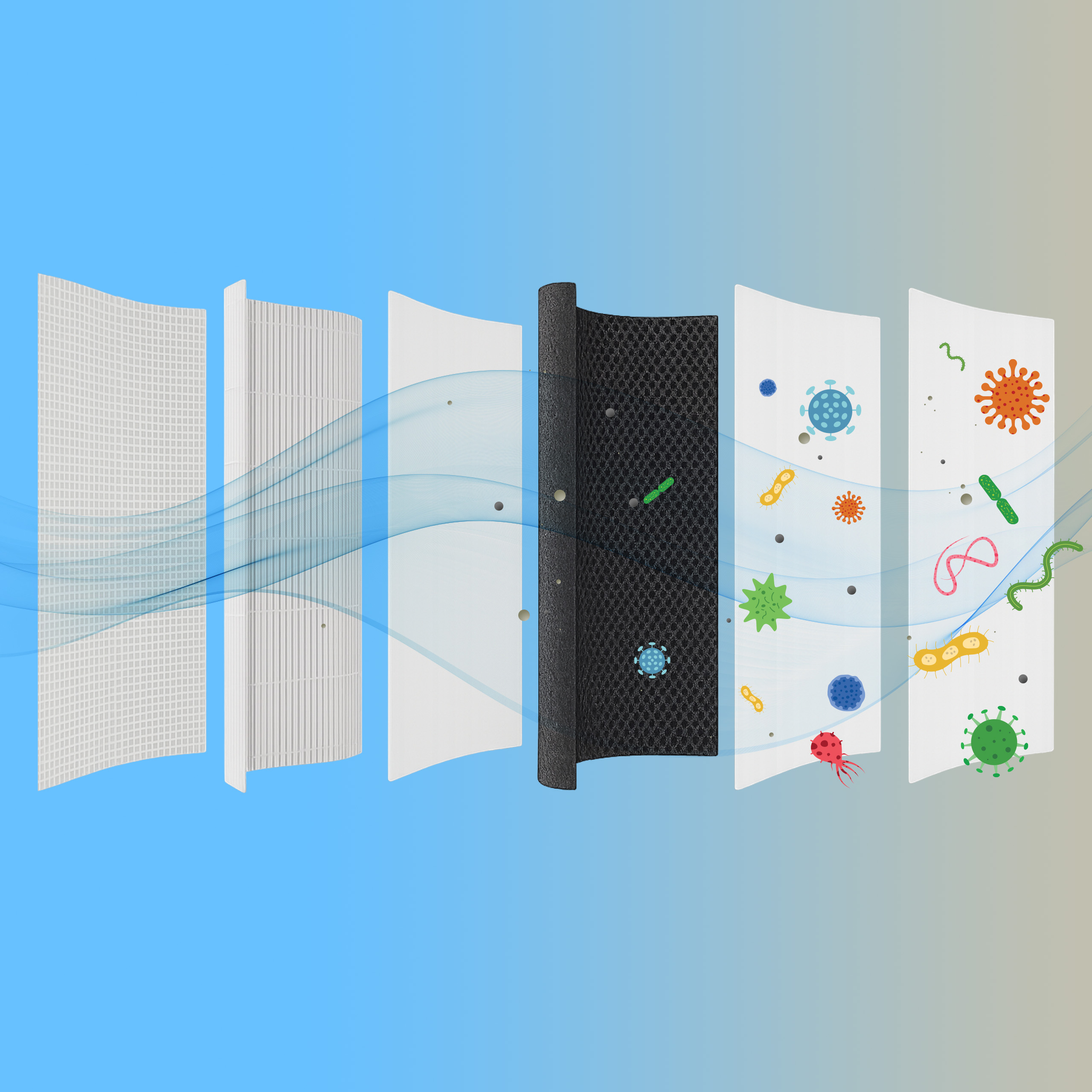 Warstwy filtra powietrza z uwięzionymi wirusami i bakteriami.