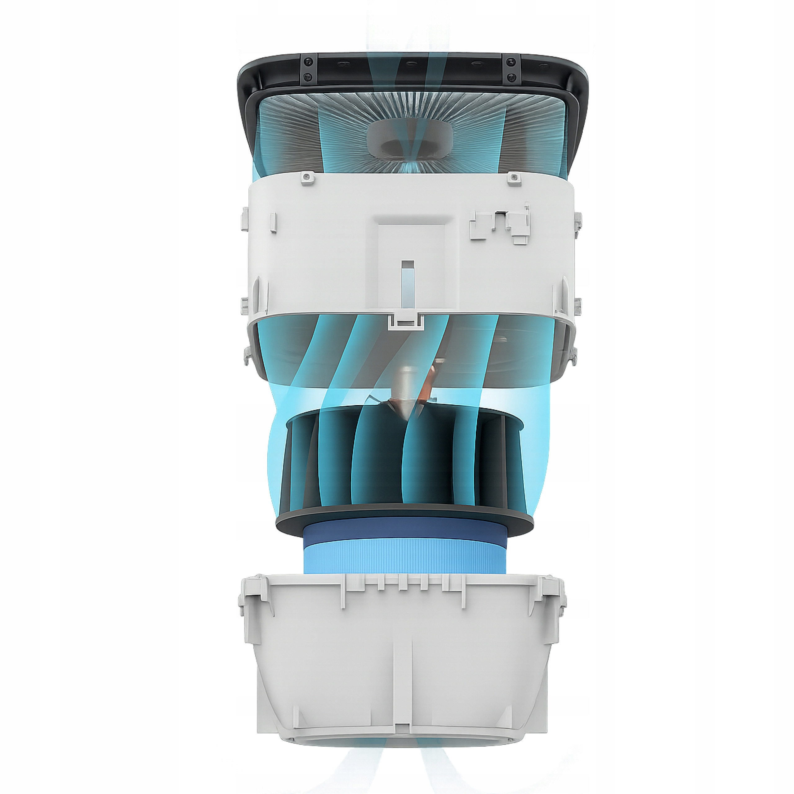 Widok rozstrzelony oczyszczacza powietrza z wewnętrznym wentylatorem i filtrami.