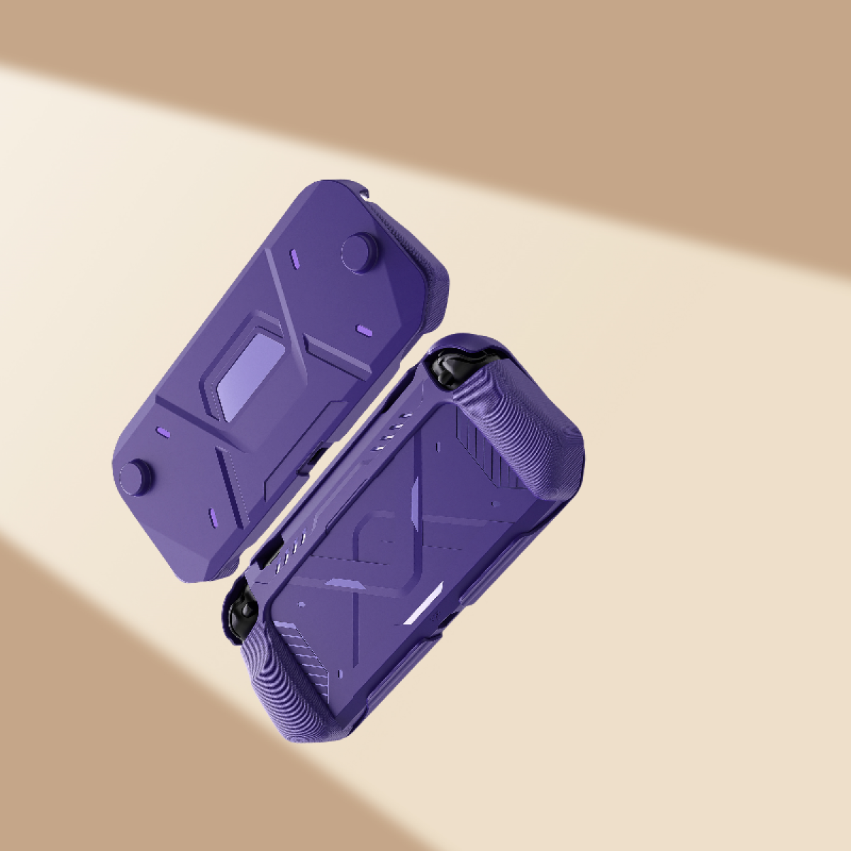 Due custodie protettive viola per un dispositivo portatile fluttuano su uno sfondo beige.