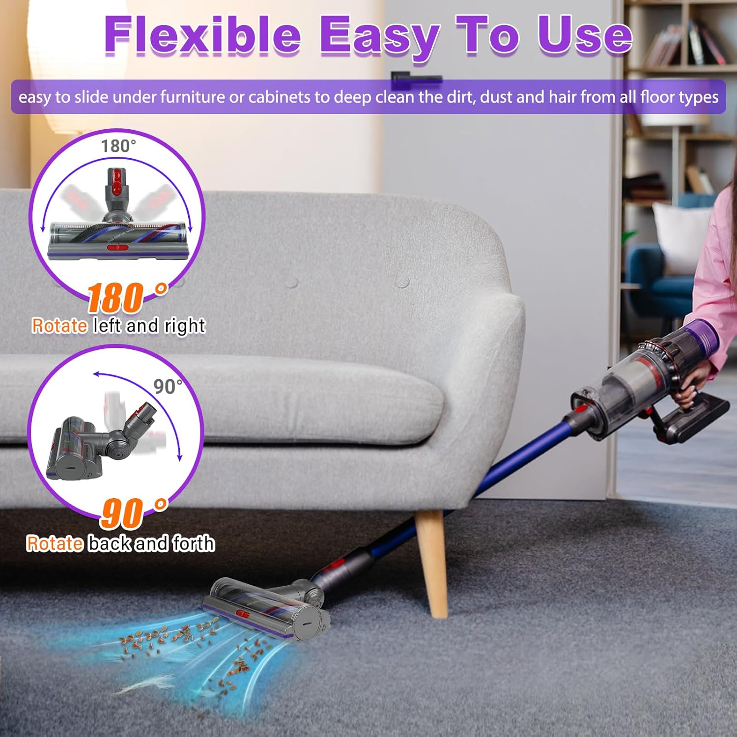 Odkurzacz bezprzewodowy czyści dywan pod sofą, ze wskaźnikami ruchu.