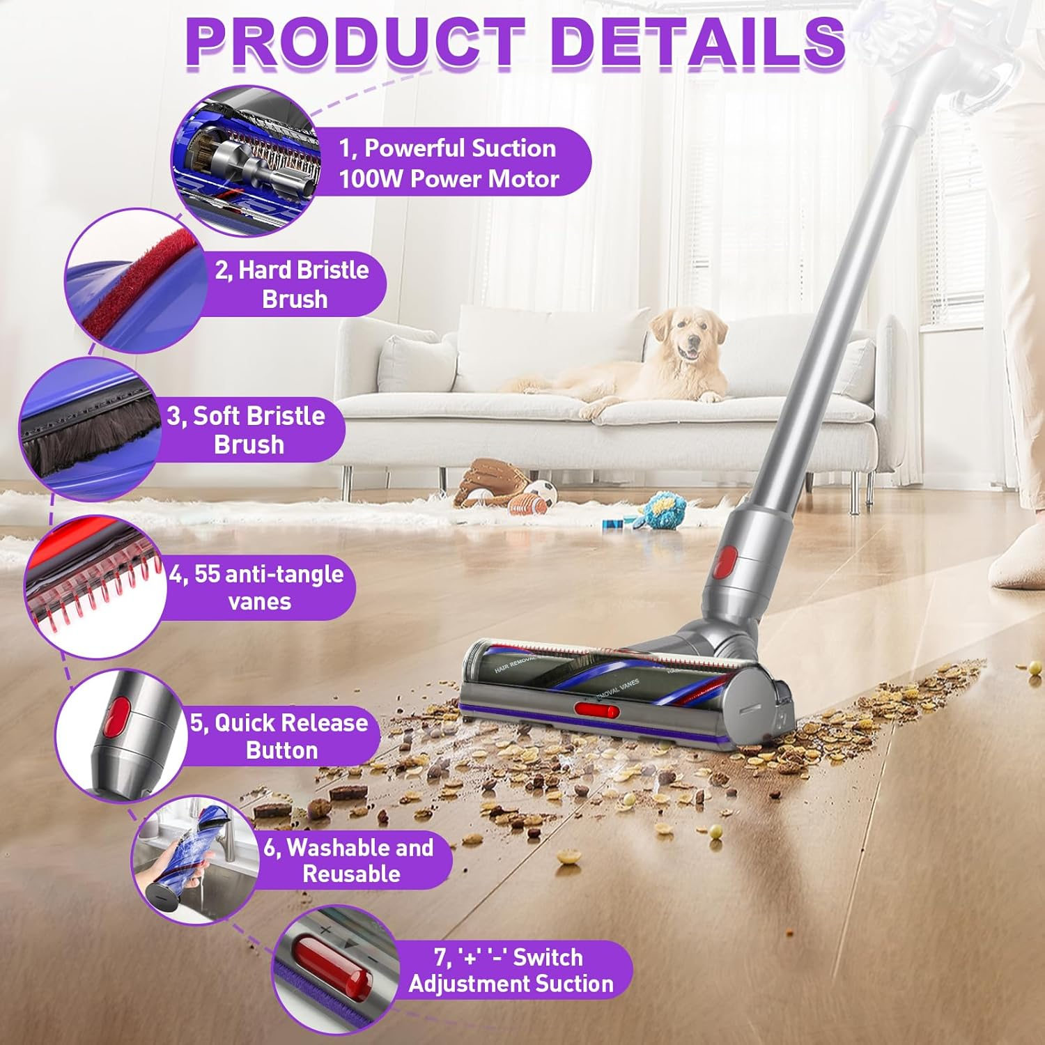 Pokazano odkurzacz z różnymi szczotkami i poziomami ssania.