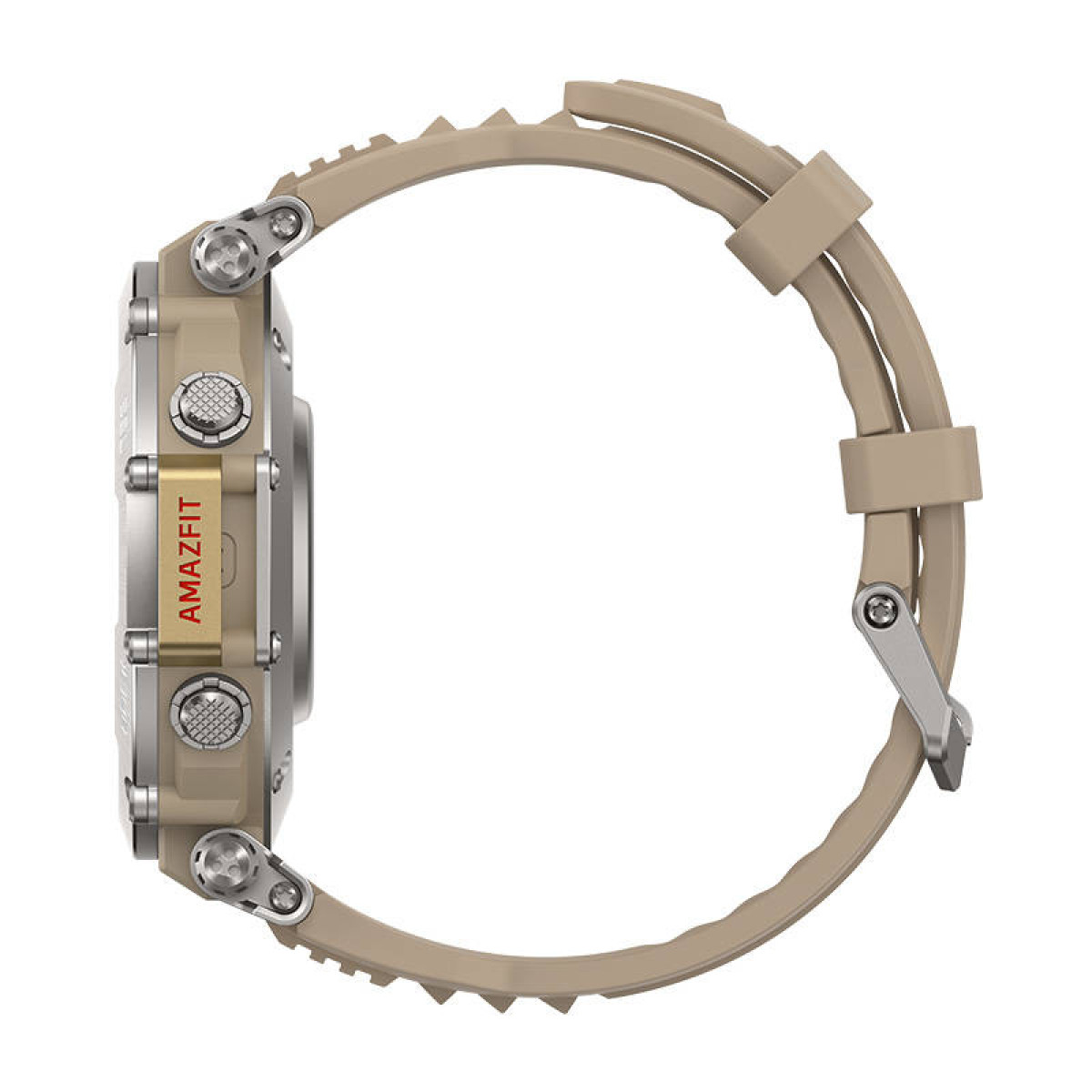 Beżowy smartwatch ze srebrnymi przyciskami i złotym napisem 'AMAZFIT'.