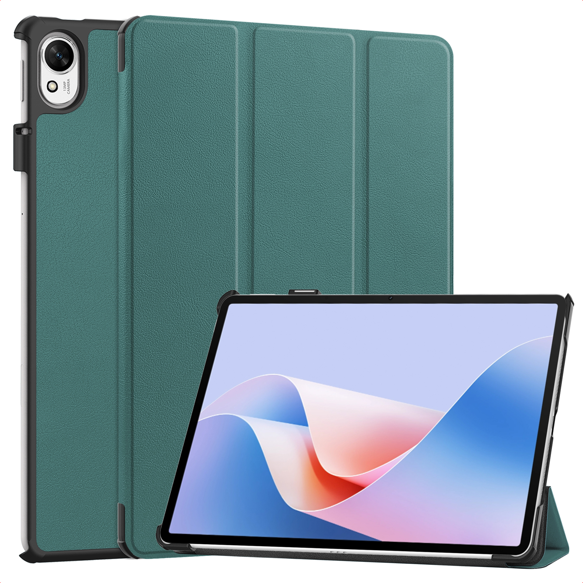 Un étui pour tablette vert sarcelle montrant une tablette avec un écran stylisé.