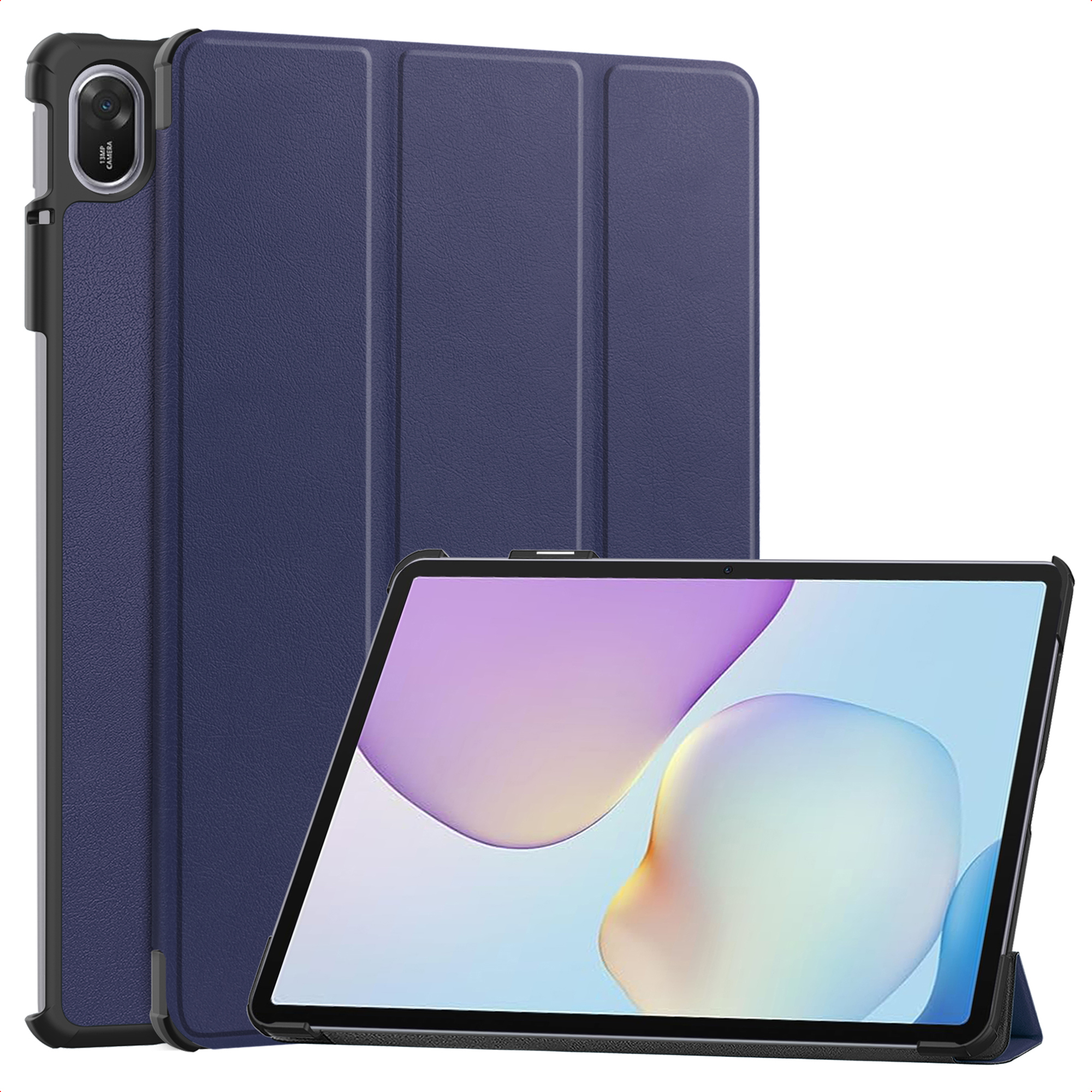 Donkerblauwe tablet met beschermhoes en 13MP camera aan de achterkant.