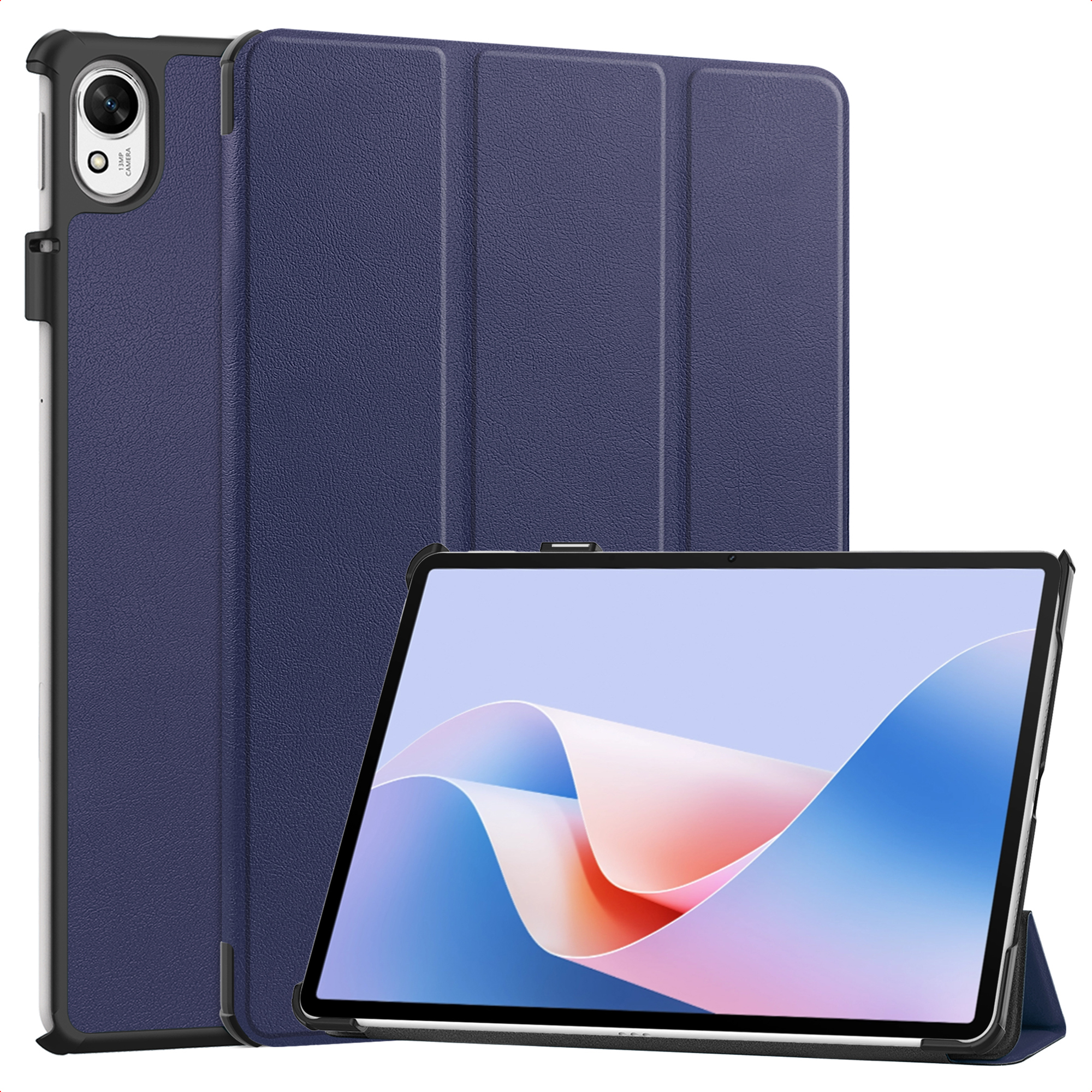 Une tablette bleue avec support et appareil photo au dos.