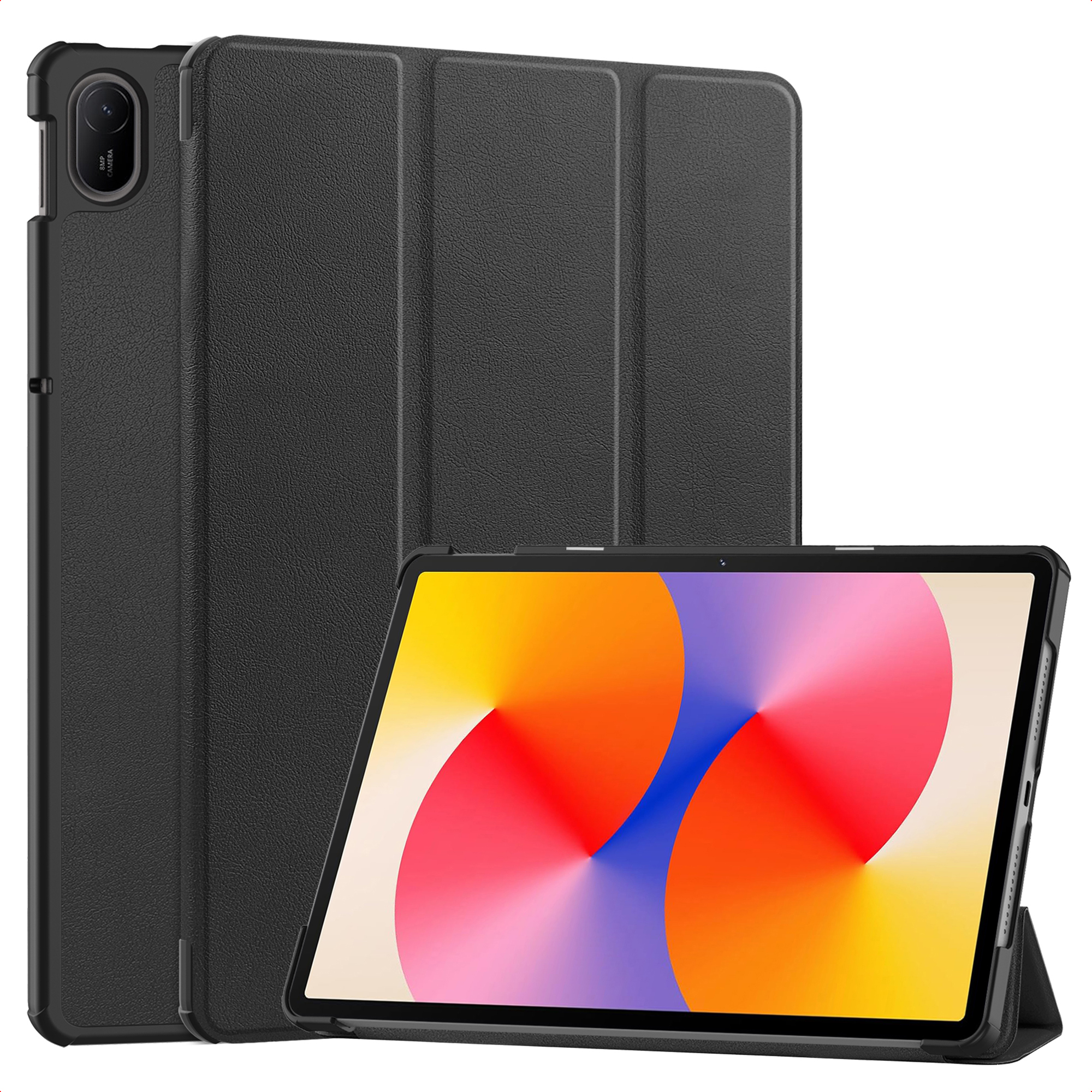 Une tablette noire avec un fond d'écran coloré et un étui.