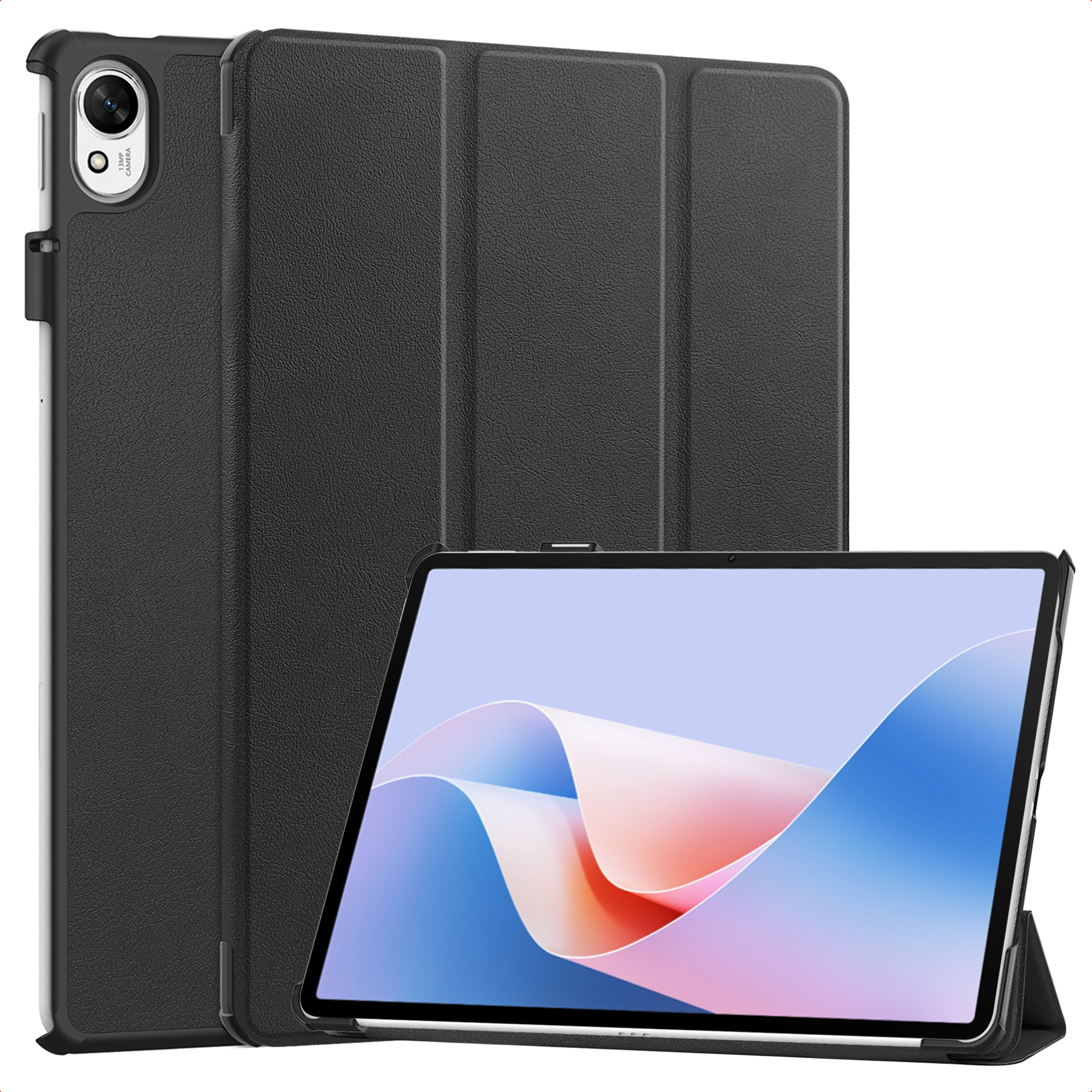 Zwarte tablet met standaard en camera gedetailleerd.