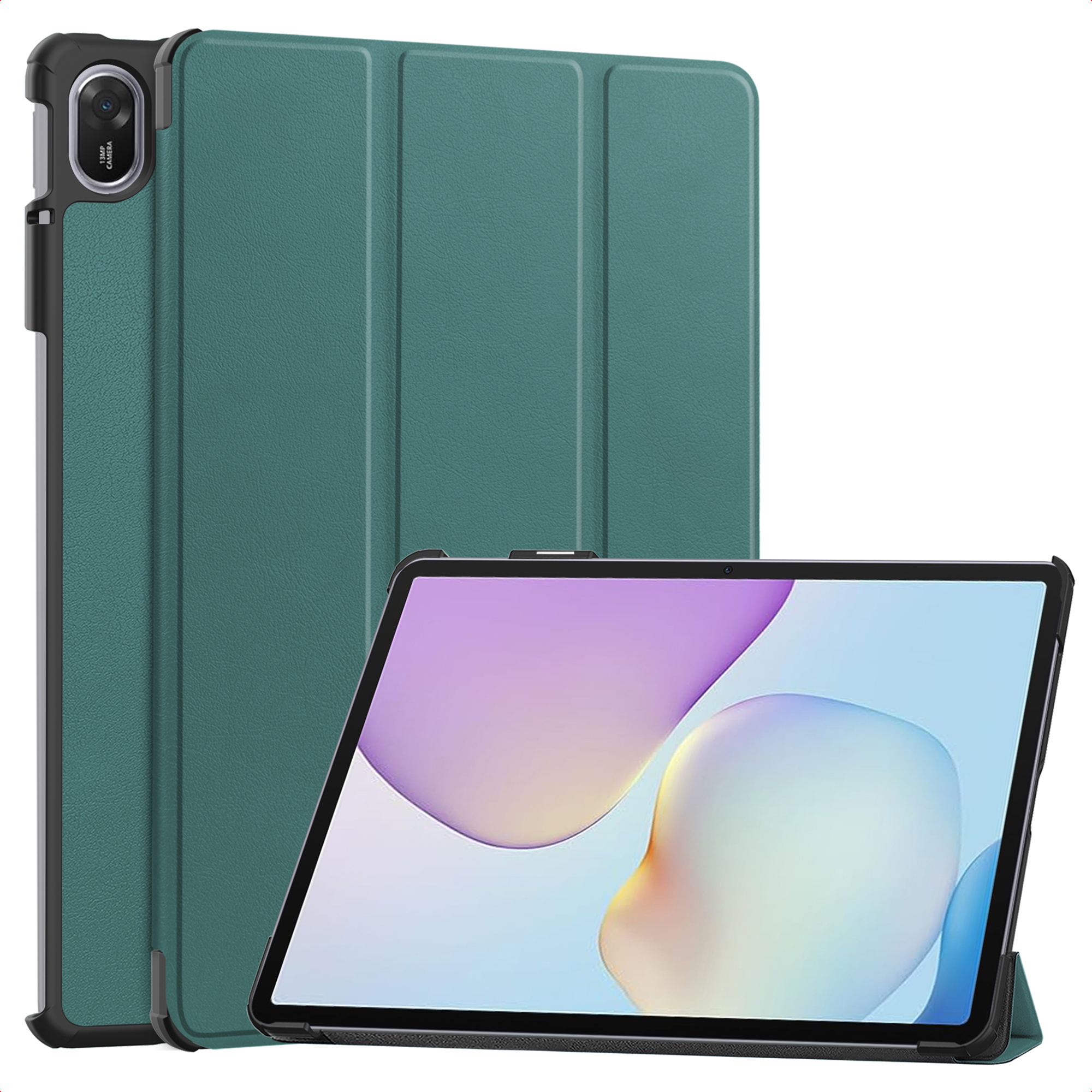 Een teal tablethoes met 13MP camera en modern scherm.