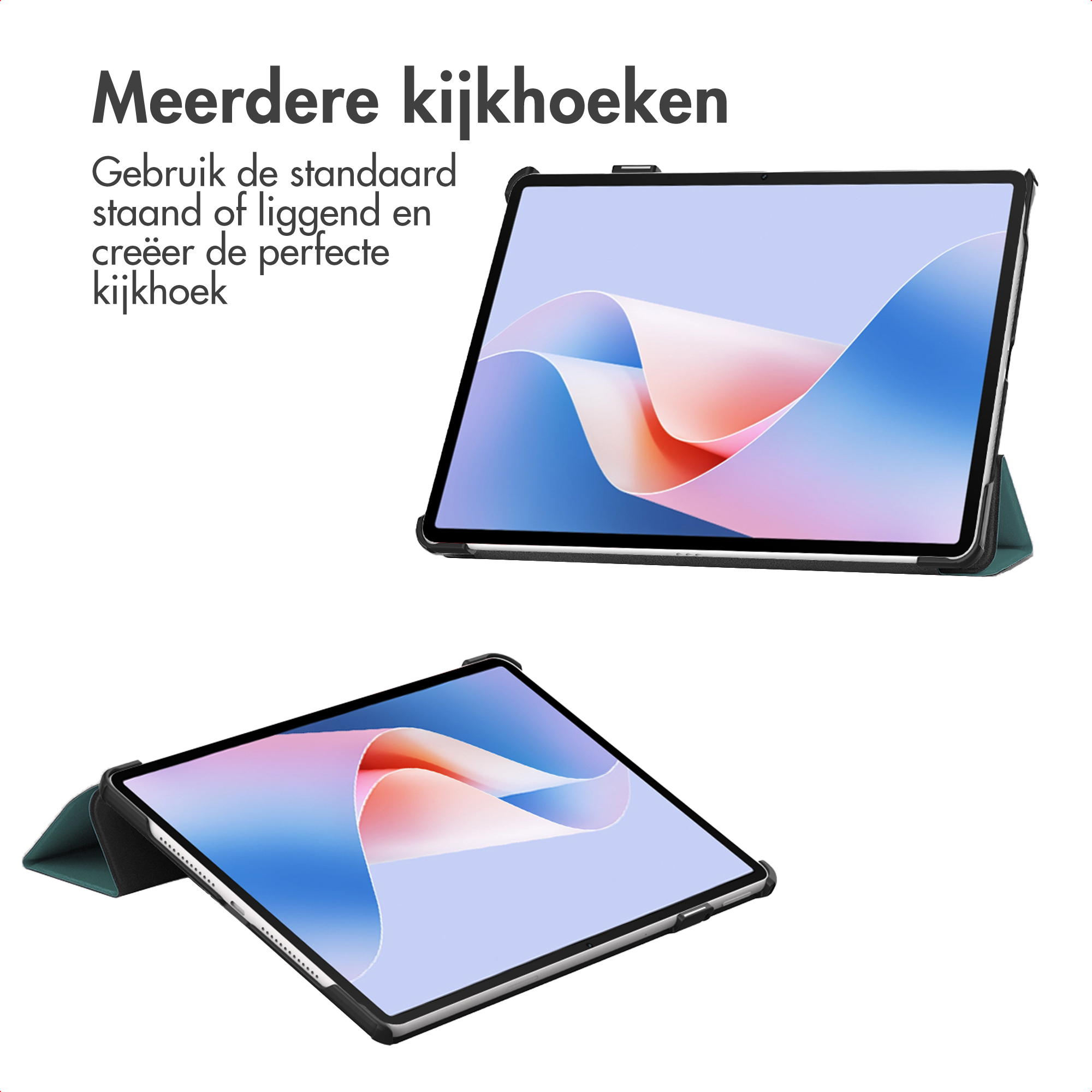 Deux tablettes dans des étuis vert foncé, une à la verticale, une à plat.