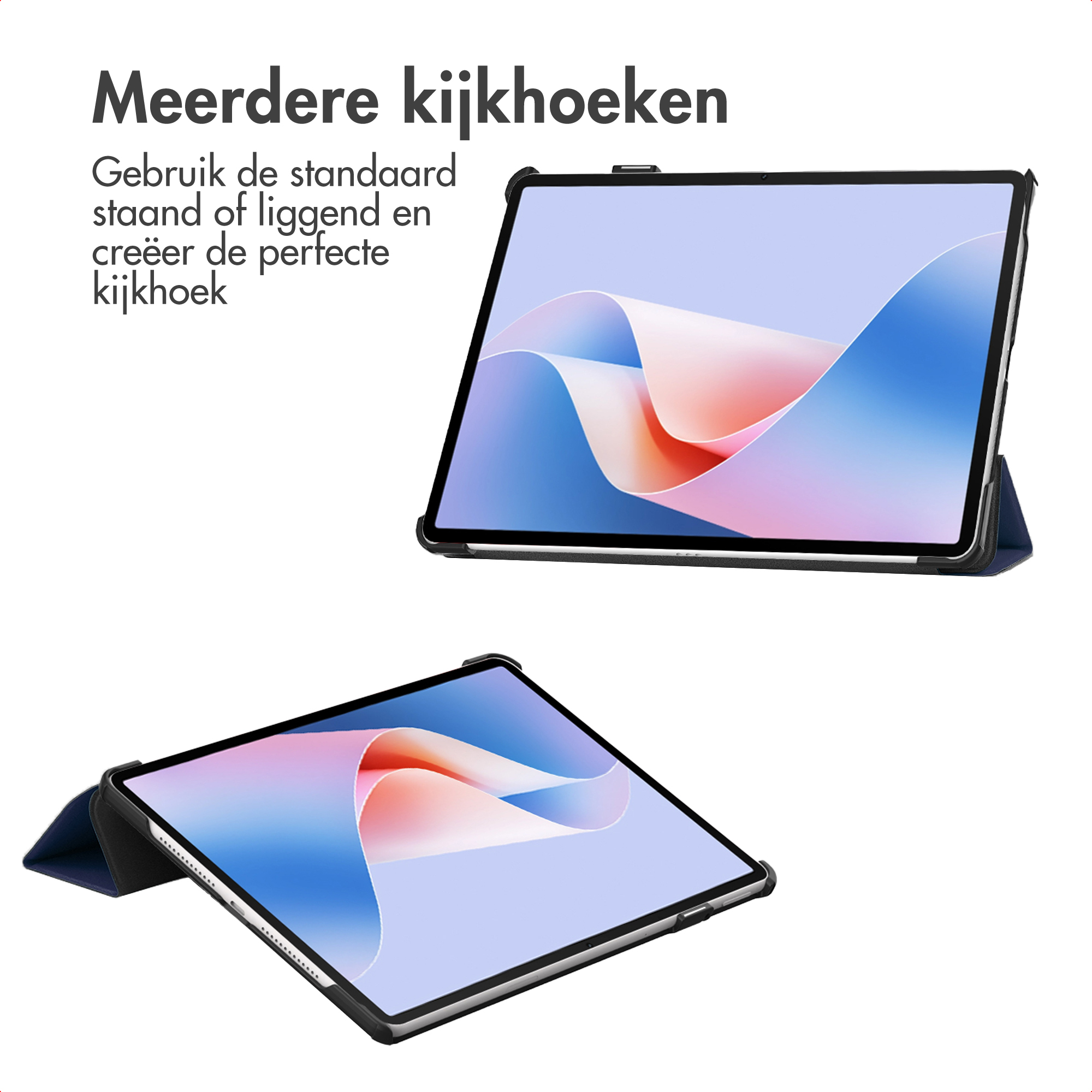 Deux tablettes dans des étuis bleus, montrées à la verticale et à l'horizontale.