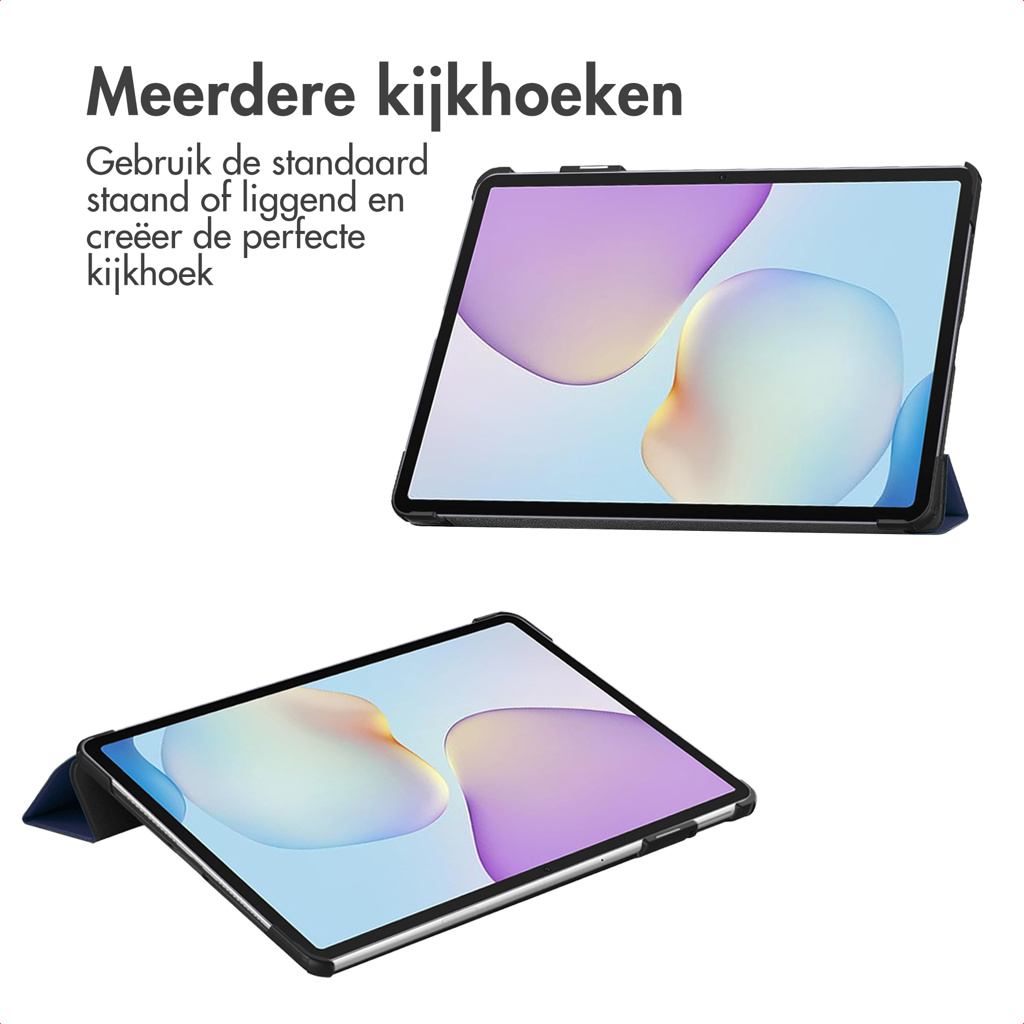Twee weergaven van een tablet met donkerblauwe standaard en paars/blauwe schermweergave.