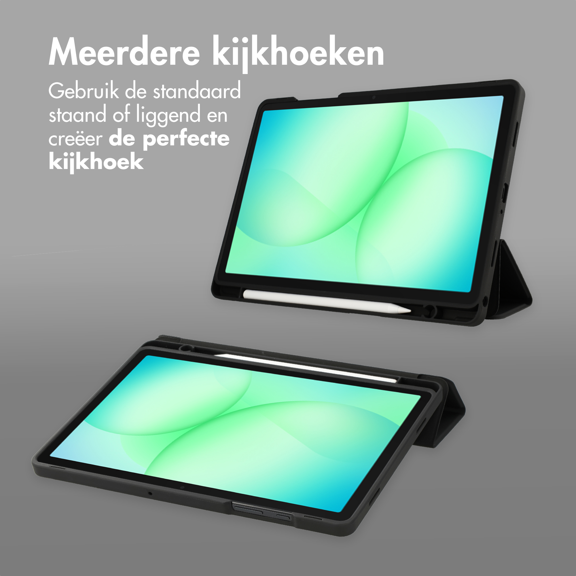 Two tablets in black cases, one upright, one flat. Green and blue patterns on screens.