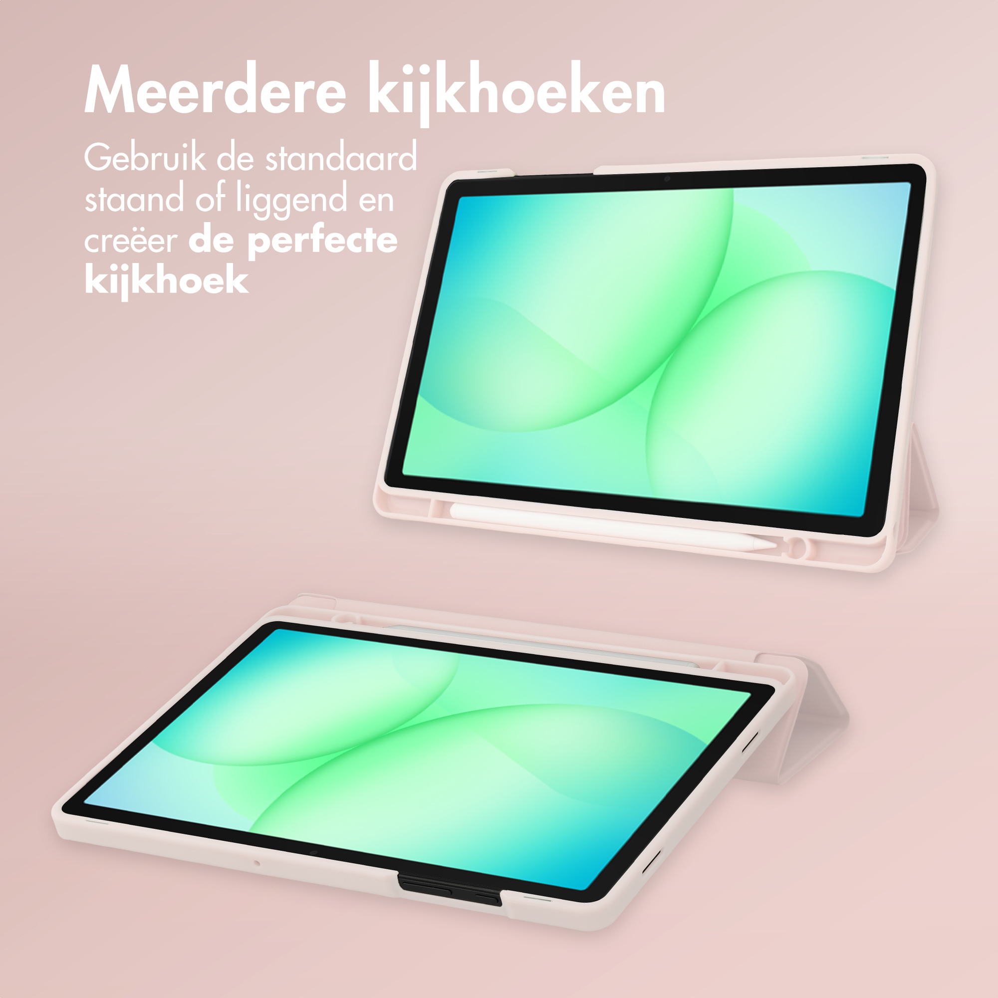 Two tablets in pink cases, one upright, one lying flat.
