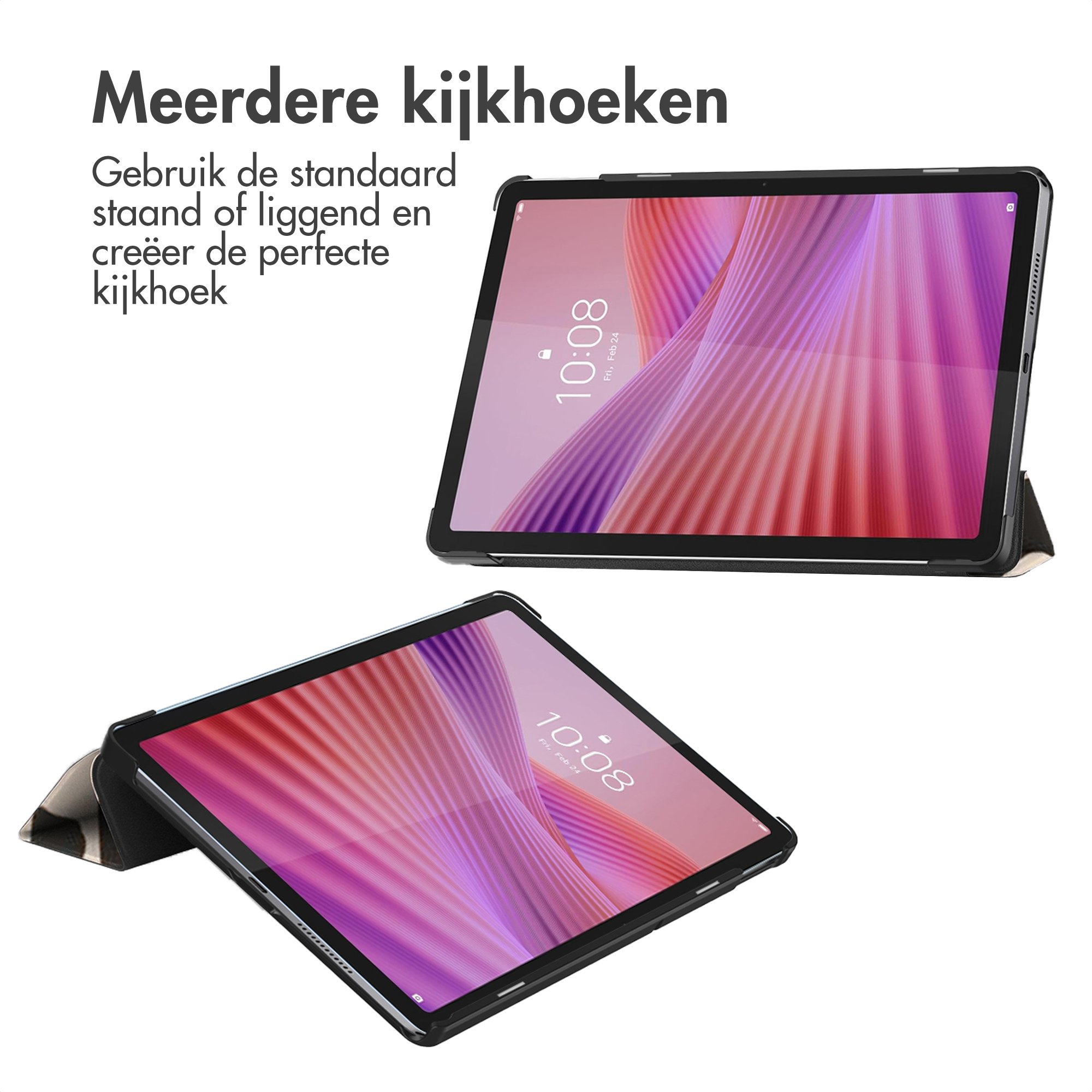 Two tablets in black cases with colorful screens, one upright, one lying down.