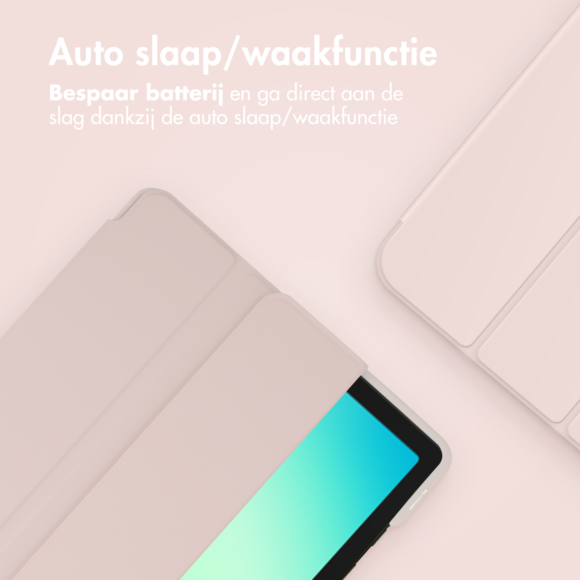 A tablet with a pink case and a blue screen.