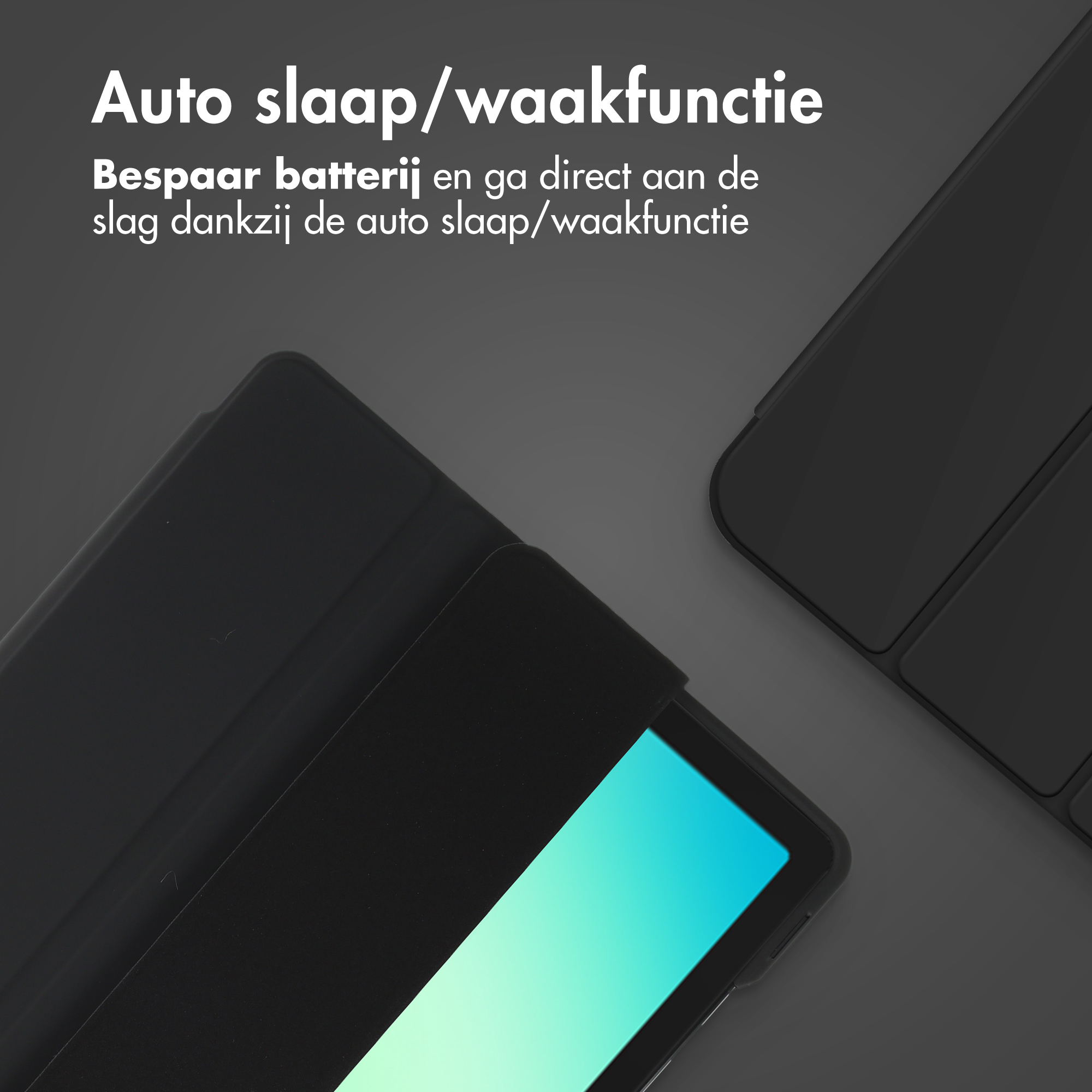 Black tablet with a folio cover and text about auto sleep/wake.
