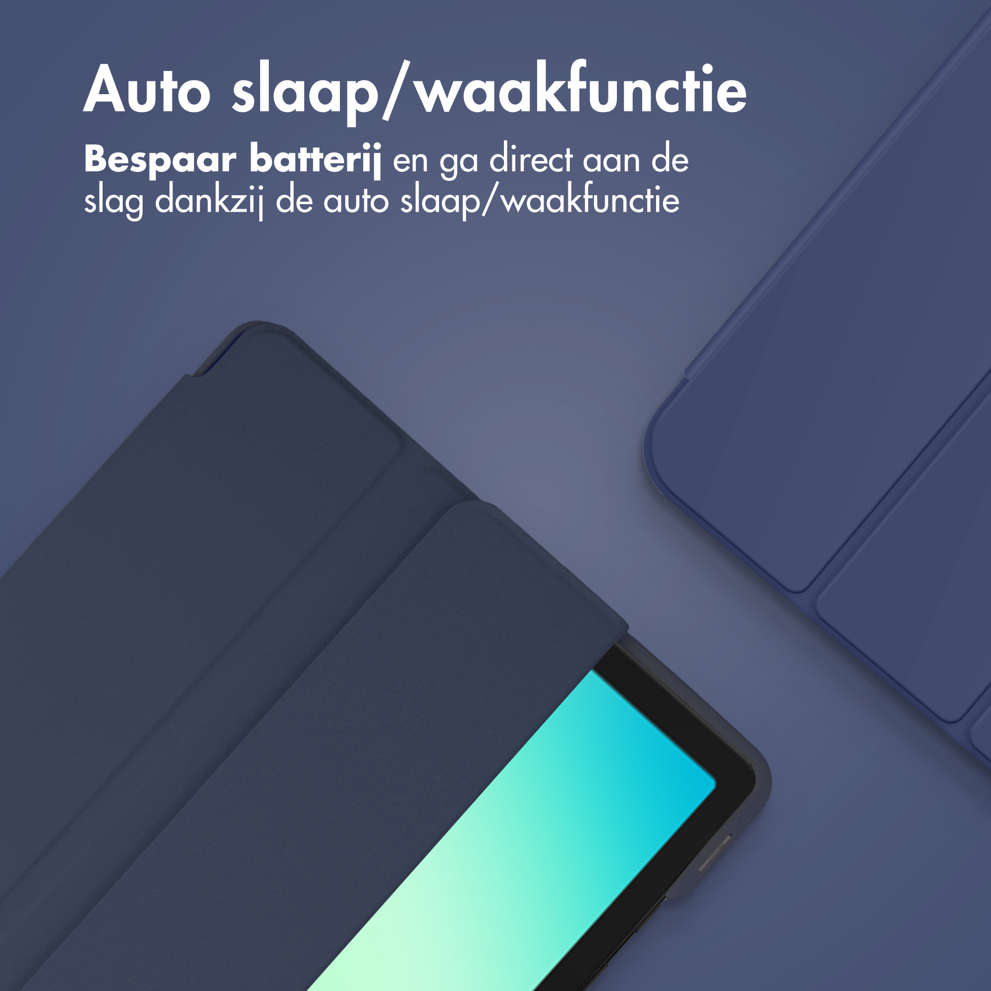 A blue tablet with cover and text about auto sleep/wake function.