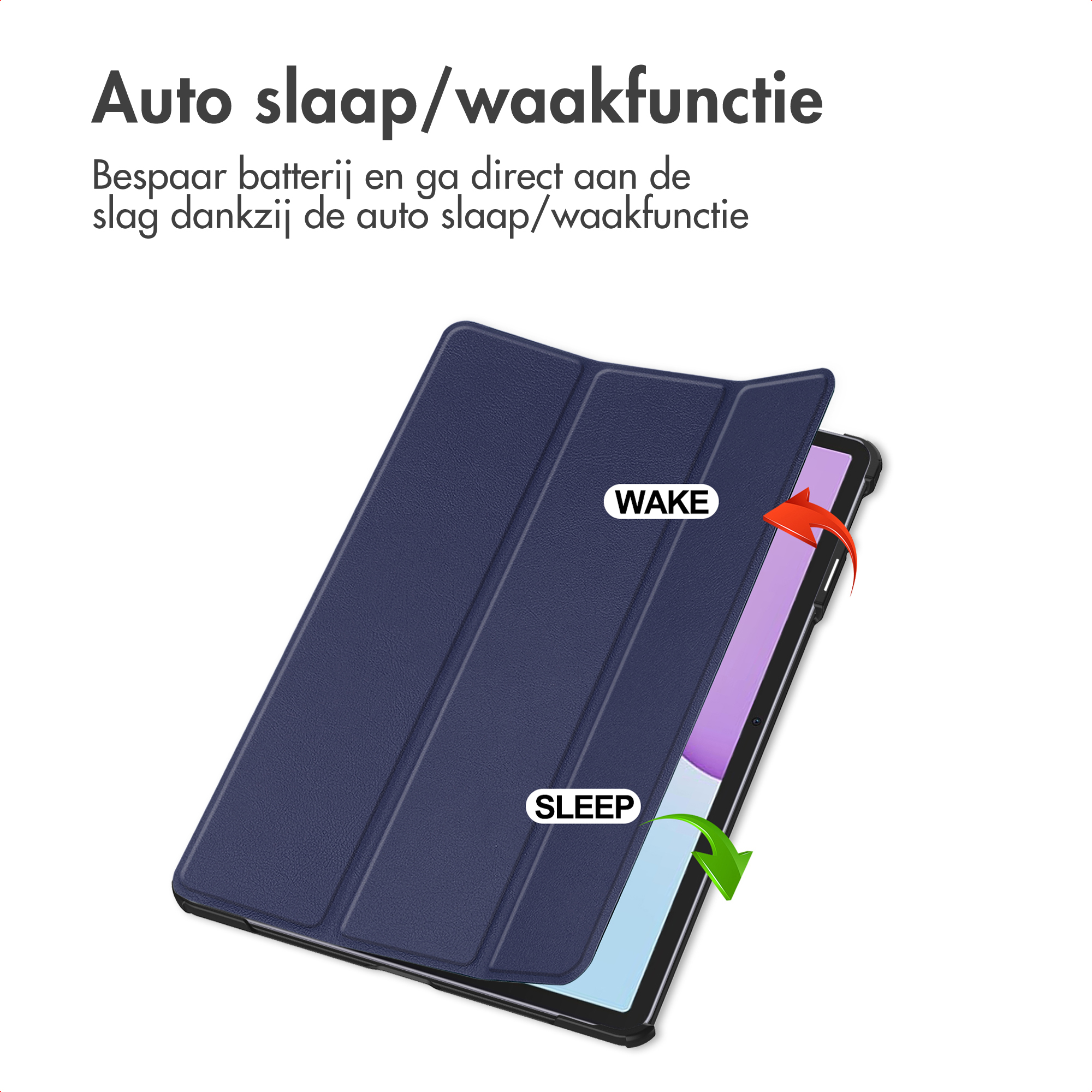 Een donkerblauwe tablethoes in open positie met pijlen.