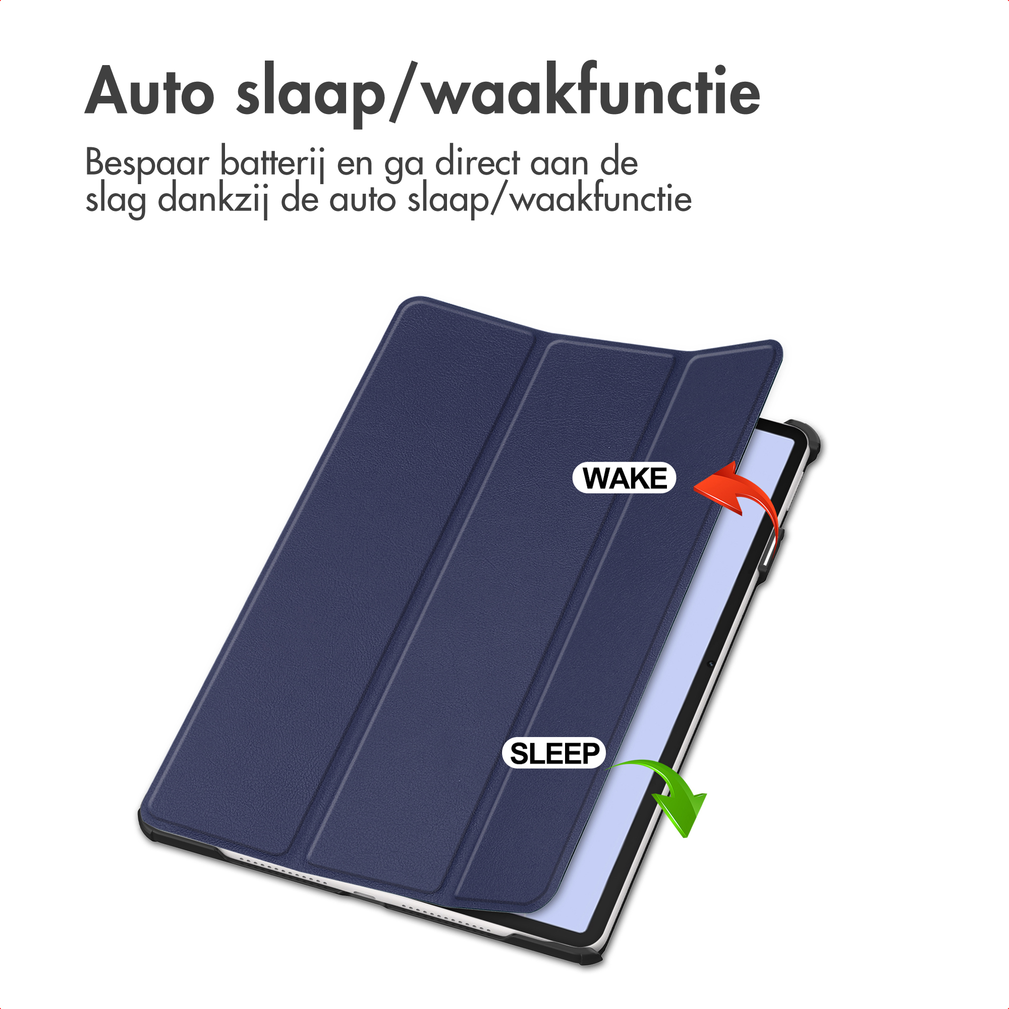 Tablette bleu foncé avec housse, montrant la fonction veille/réveil.