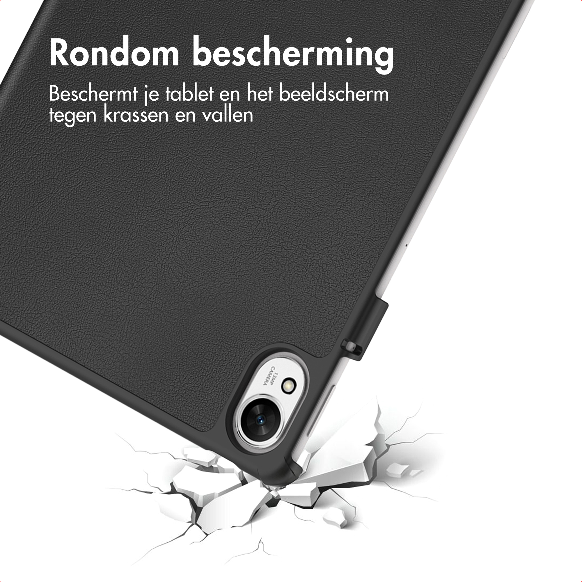 Zwart tablethoesje valt en breekt witte vloer.