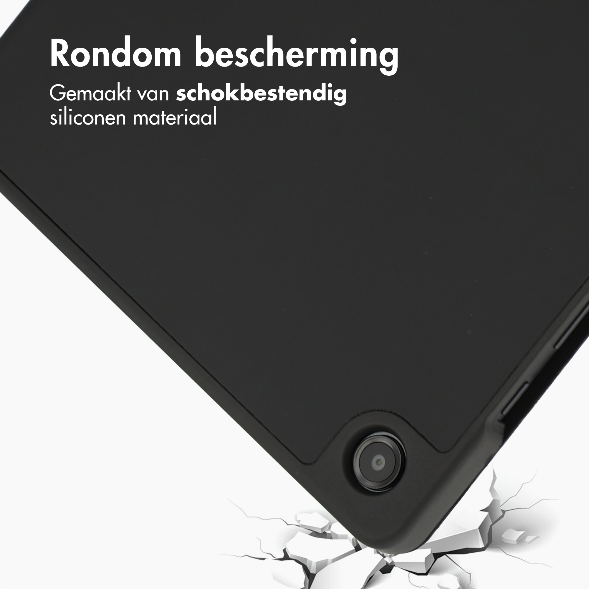 Black case falling onto cracked white ground. Shockproof protection.