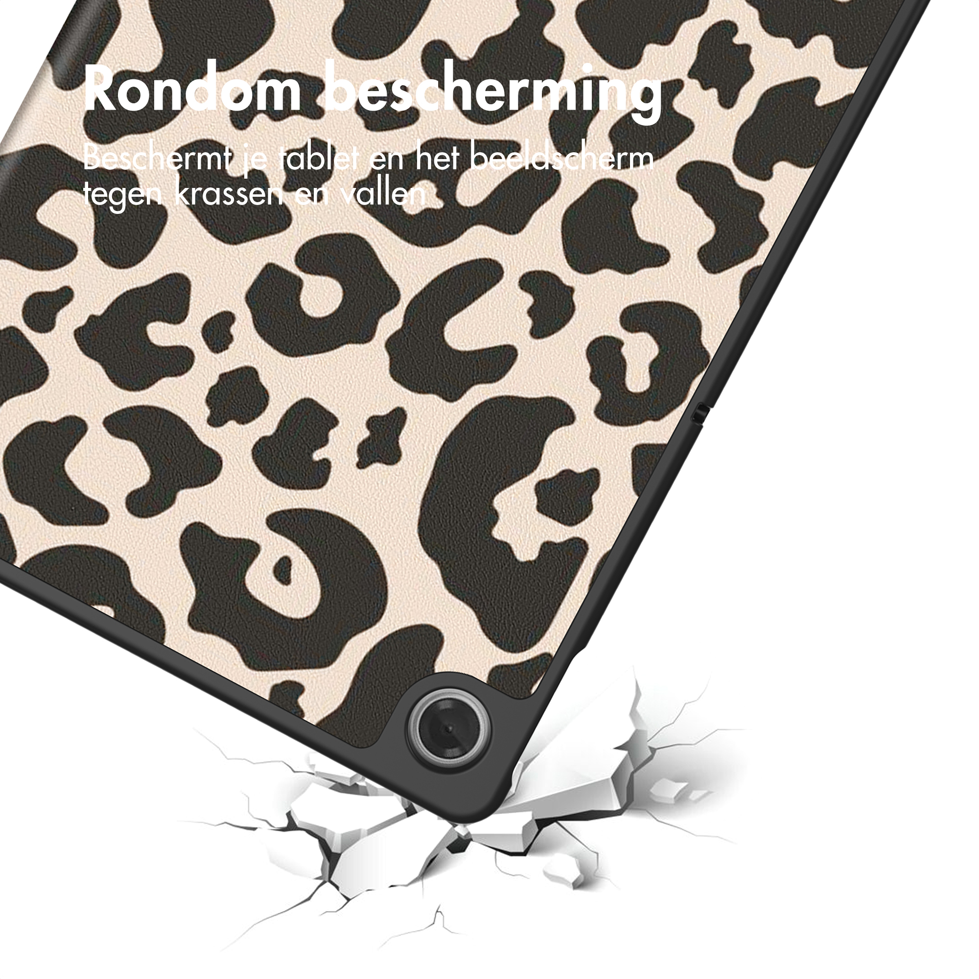 Leopard print tablet case with cracks on the ground.