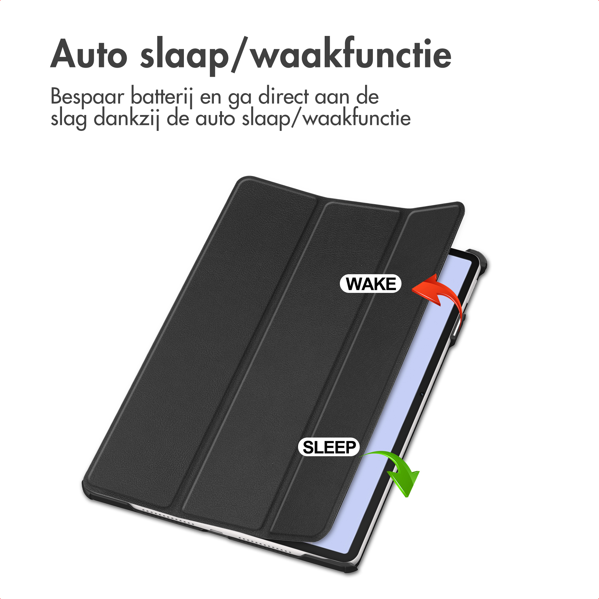 Zwarte tablethoes toont auto slaap/waakfunctie met pijlen.