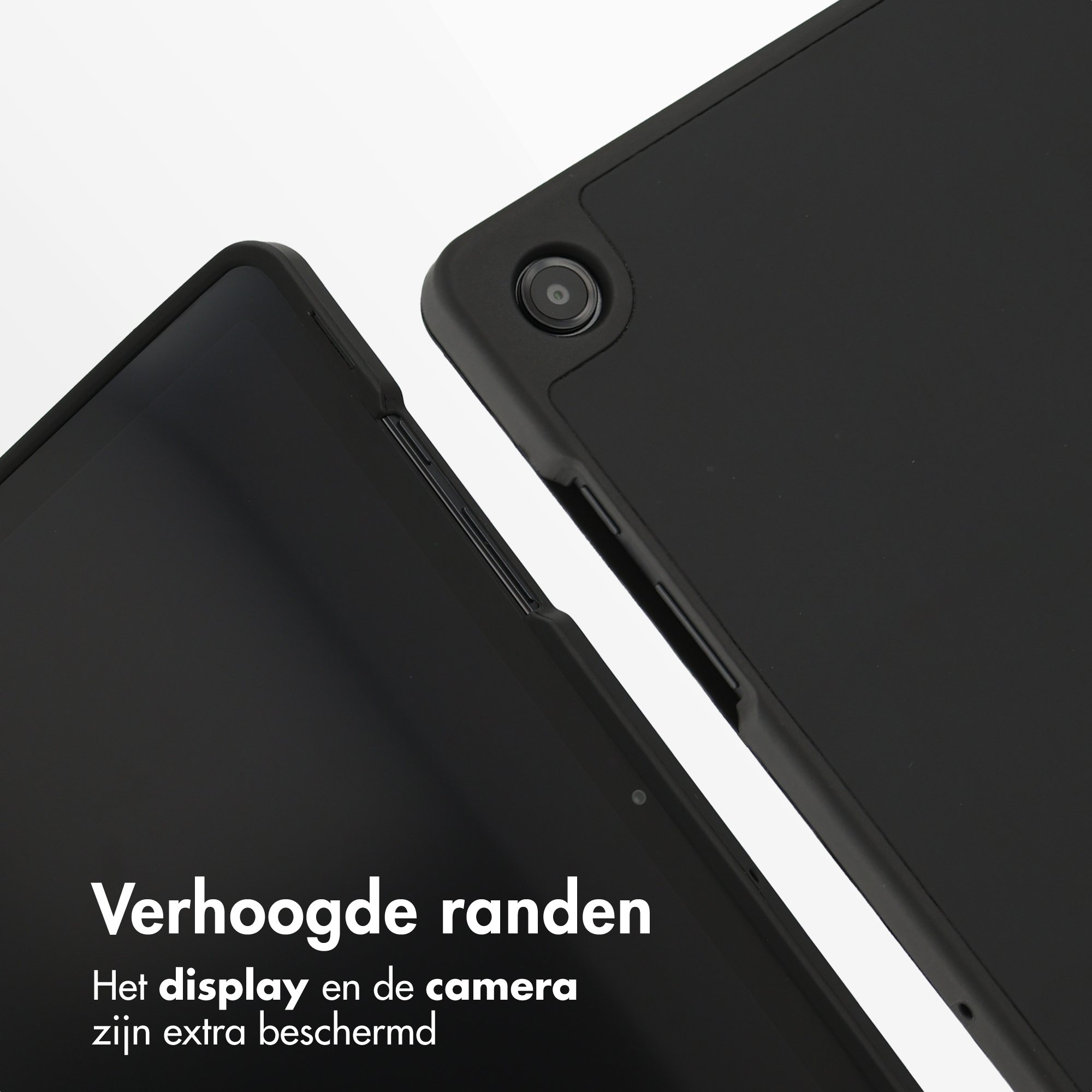 Two black tablet cases side-by-side, one with a camera cutout.