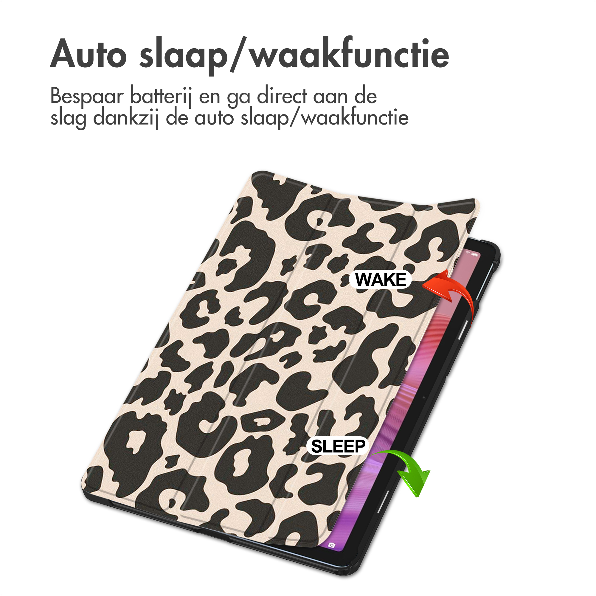 A tablet with a leopard print cover opens to wake the screen.