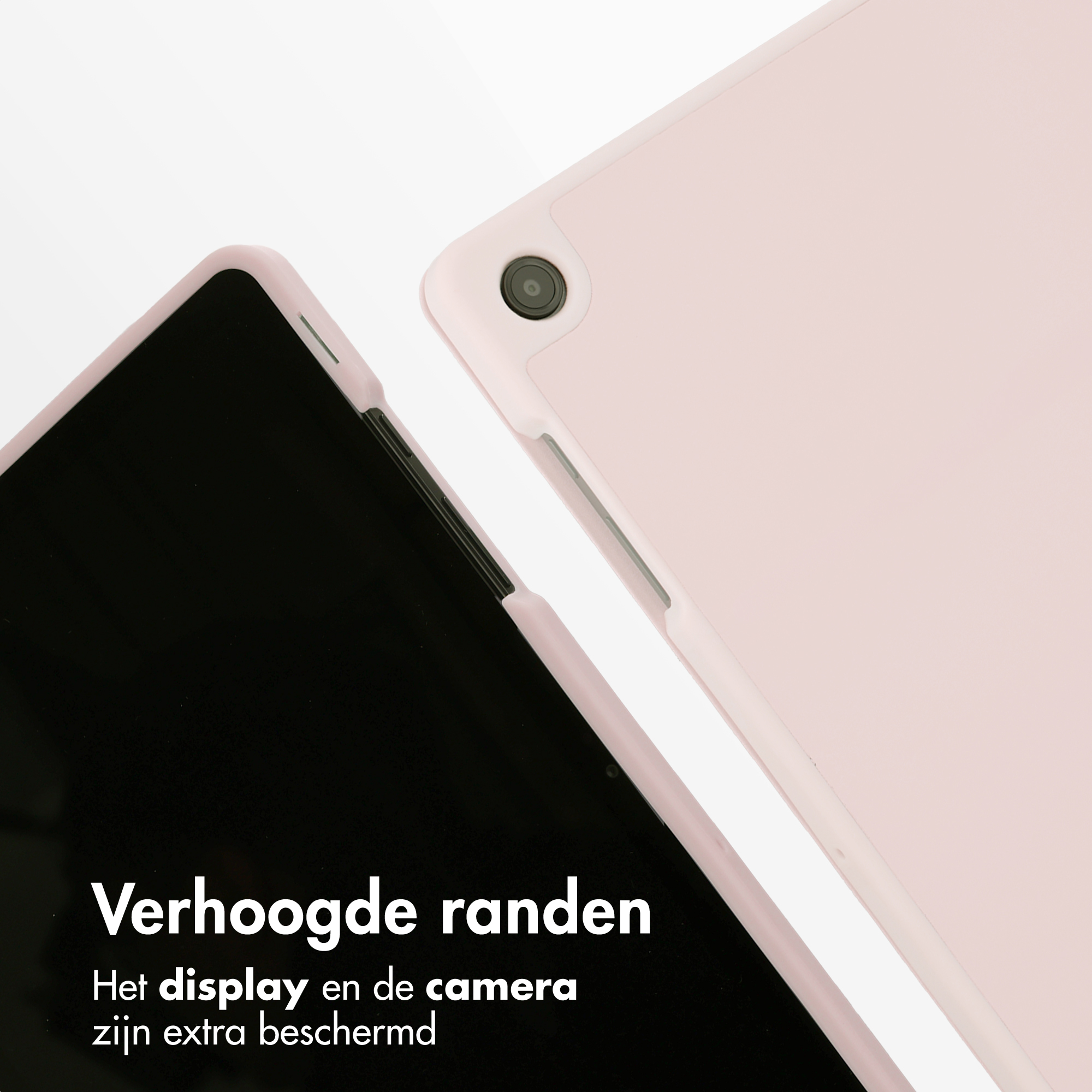 A pink tablet case with a camera and a black screen.