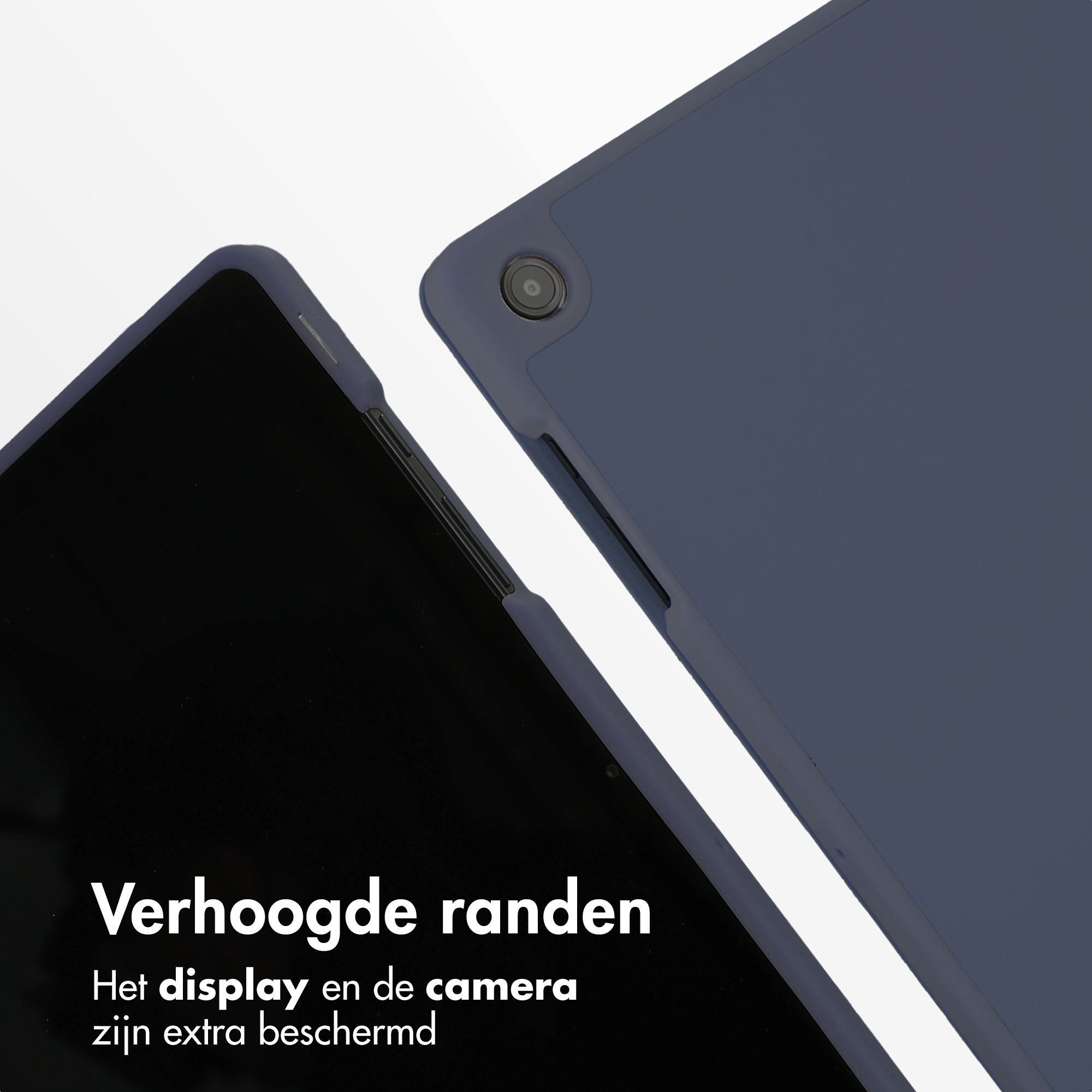 Two dark blue tablet cases are side by side. The left case shows part of the screen.