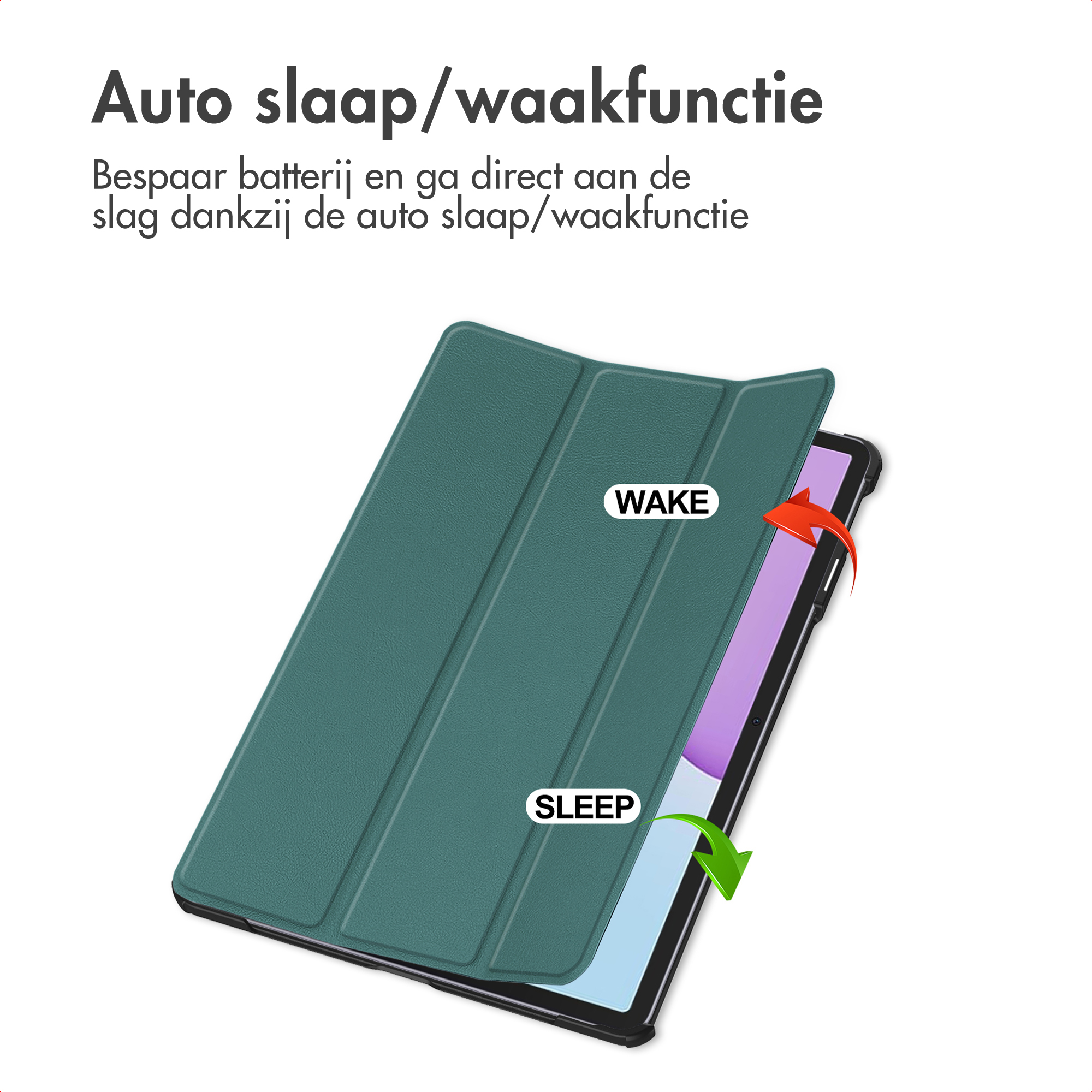 Groene tablethoes met "Wake" en "Sleep" iconen, toont automatische slaap/waakfunctie.