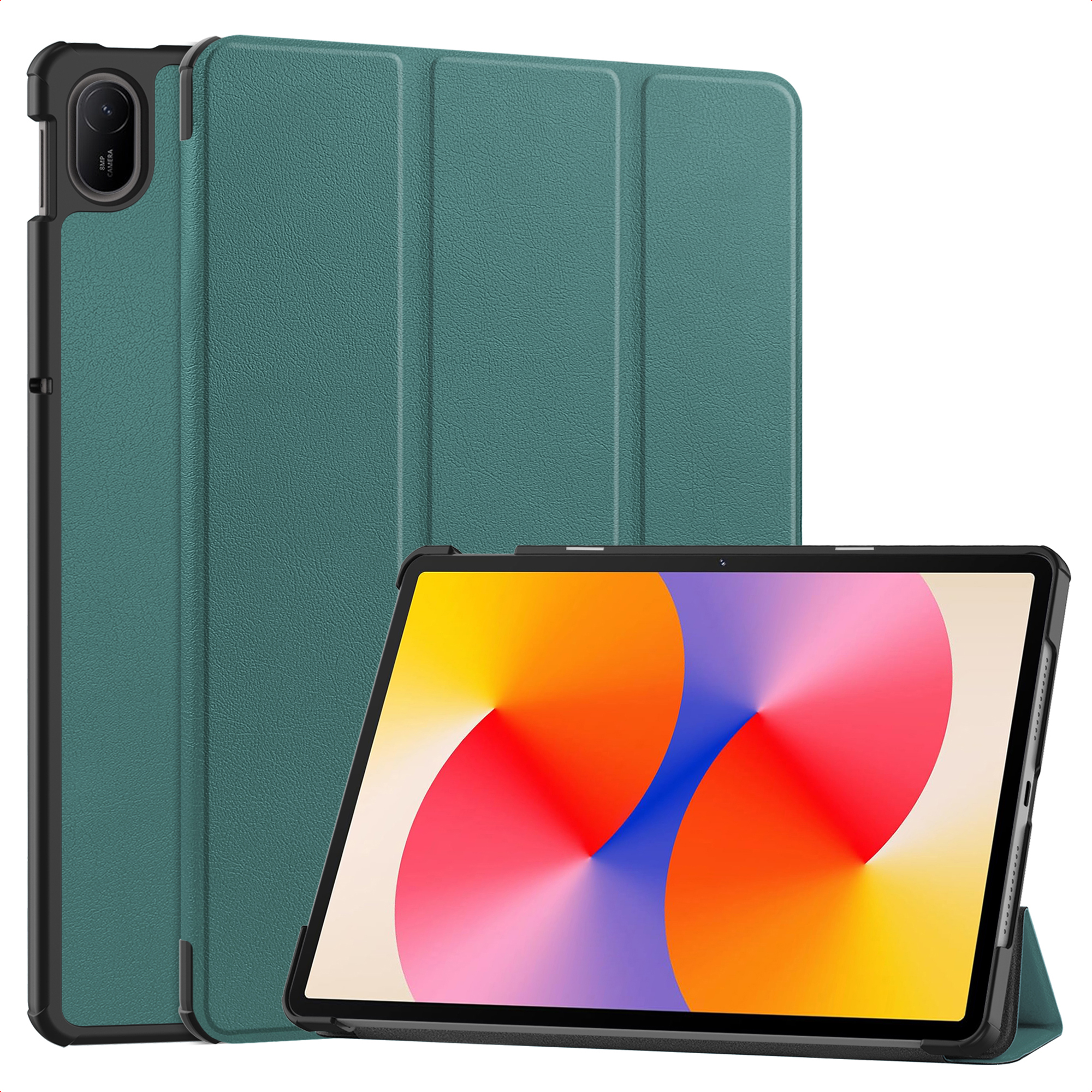 Un support de tablette vert sarcelle avec une tablette affichant un arrière-plan coloré.