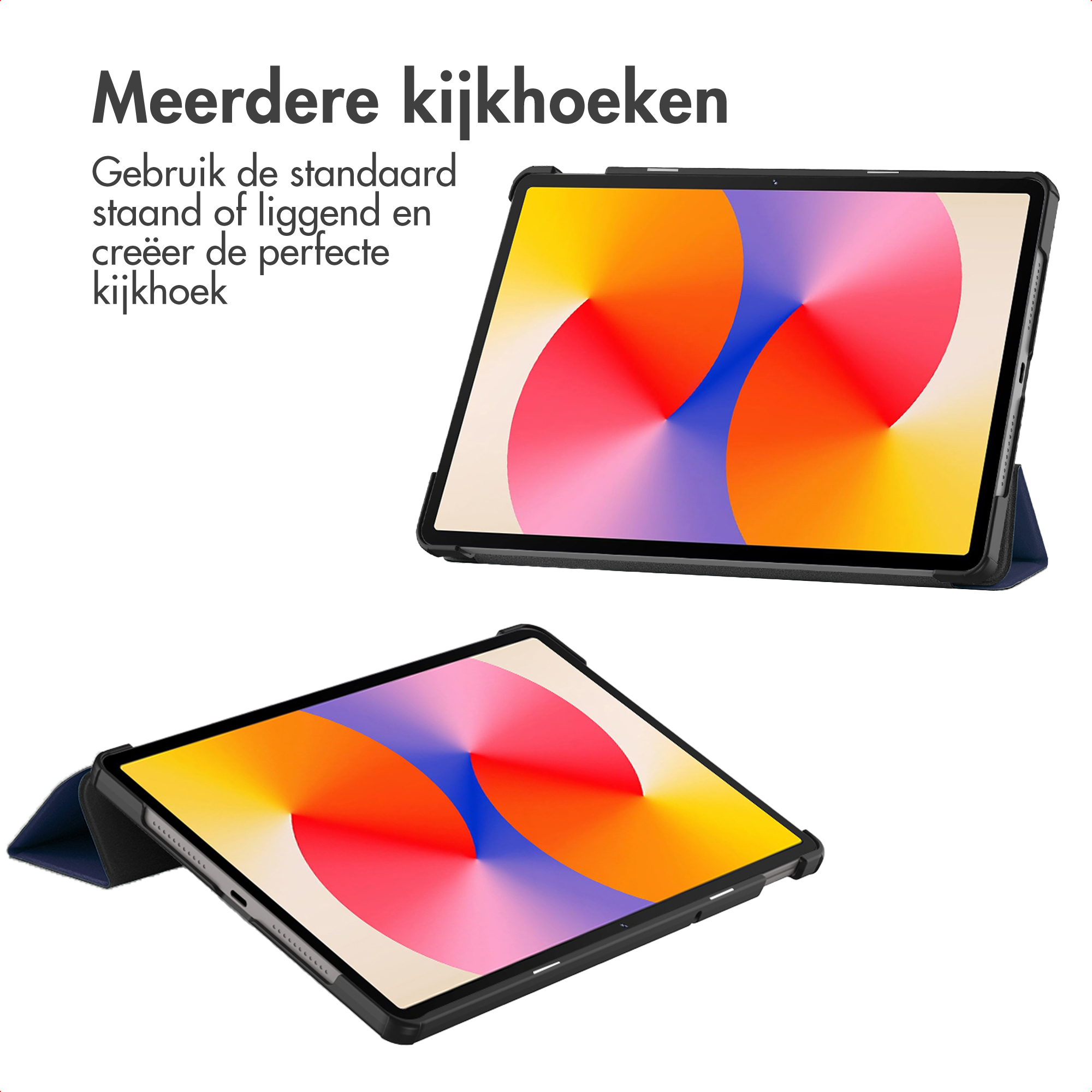 Een tablet in een zwart hoesje met kleurrijke achtergrond, vanuit meerdere hoeken.