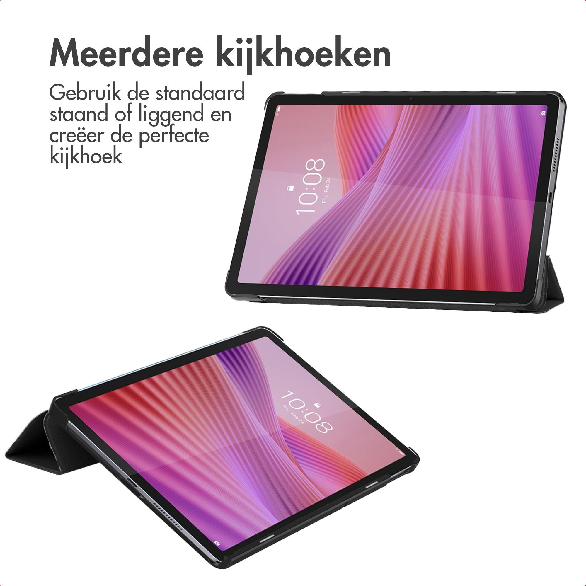Two tablets in black cases, one upright, one tilted. Both show 10:08.