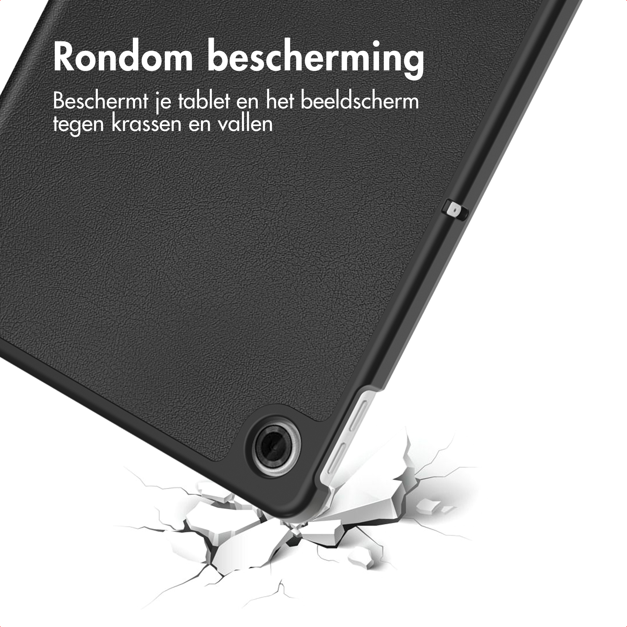 Black tablet case falling onto white cracked ground.