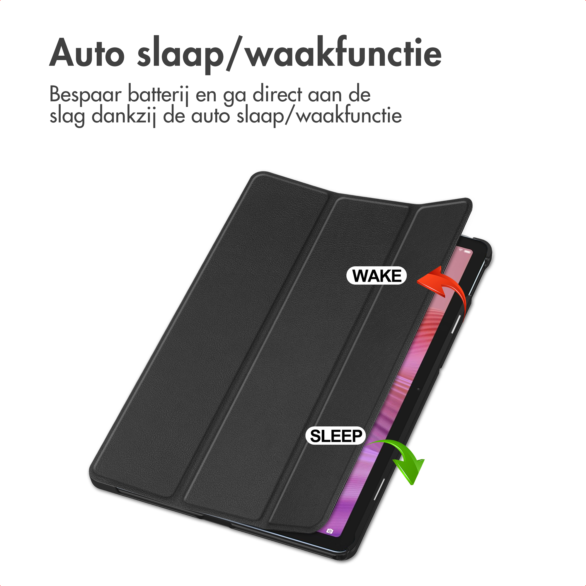 Black tablet case with auto wake/sleep function shown opening and closing.