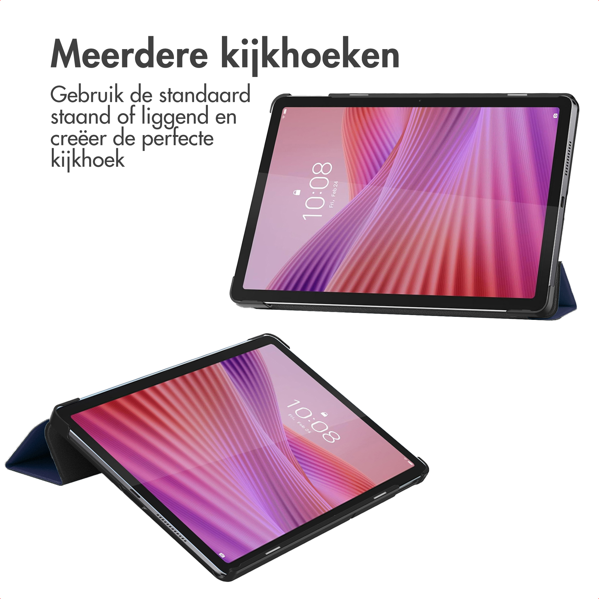 Two tablets in cases show pink and purple background graphics.