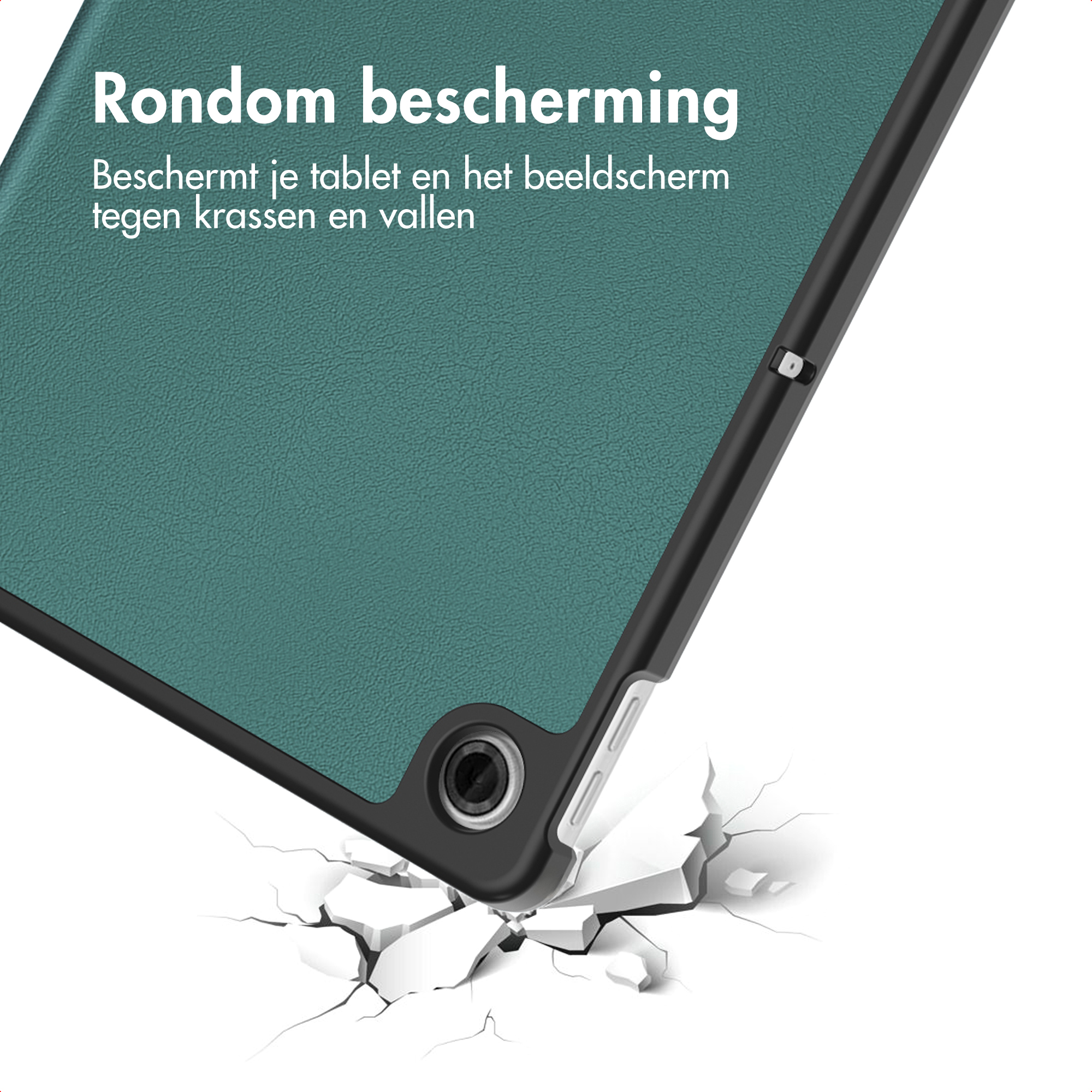 Green tablet case with impact protection falling onto a cracked surface.