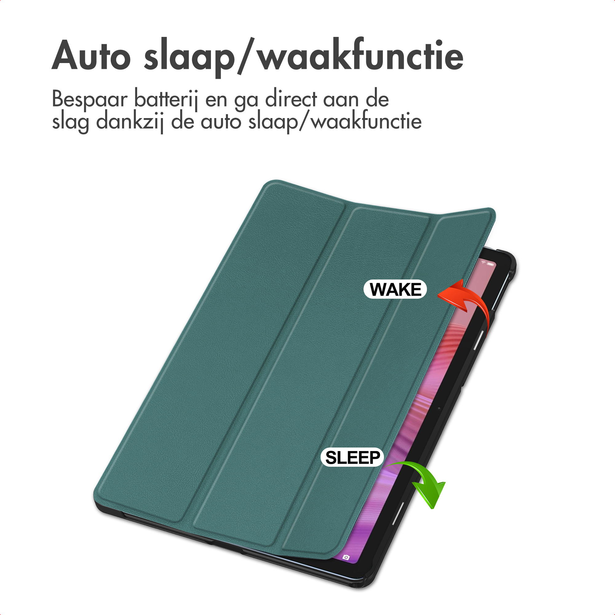A green tablet cover demonstrates sleep/wake function.