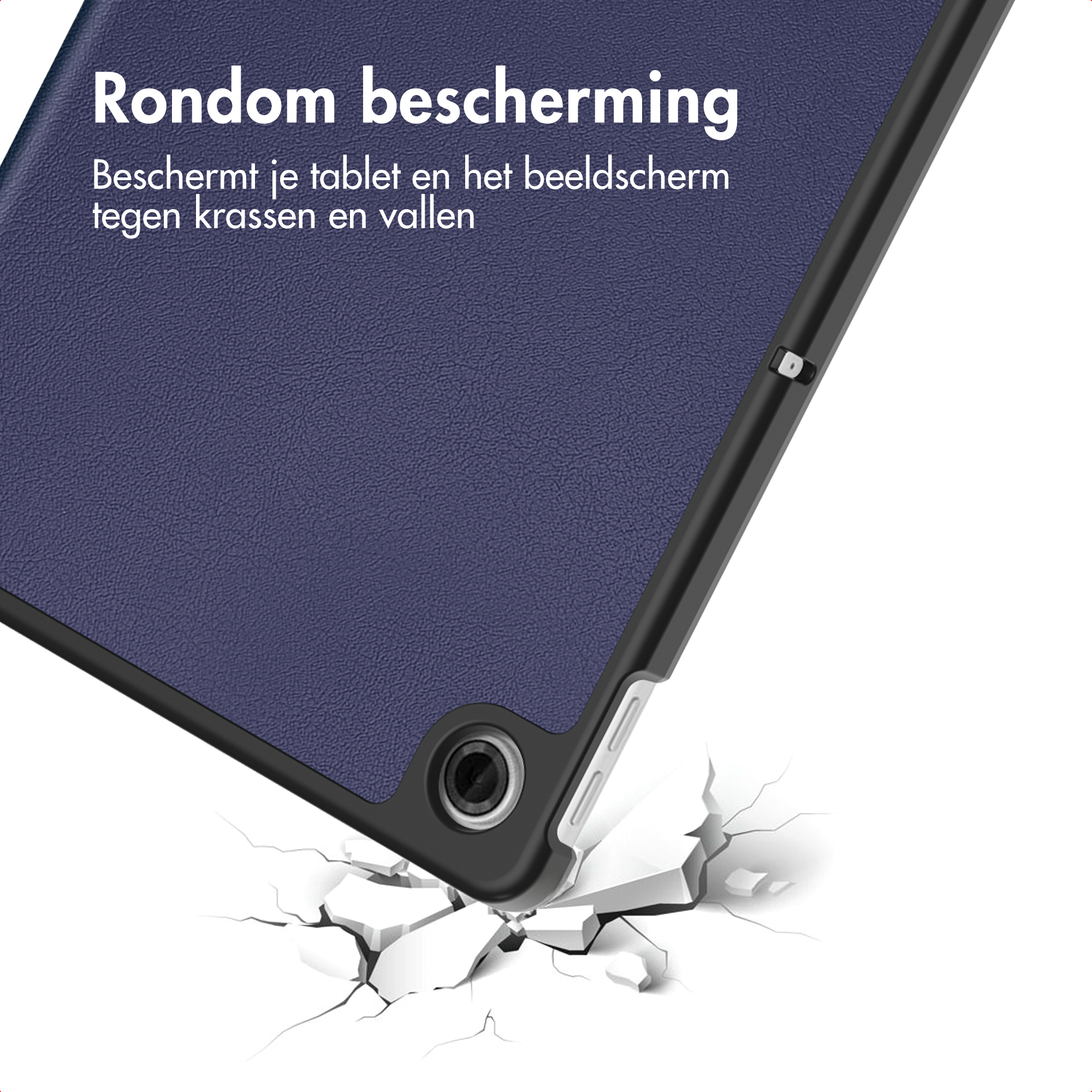 A blue tablet case falling onto cracked ground.