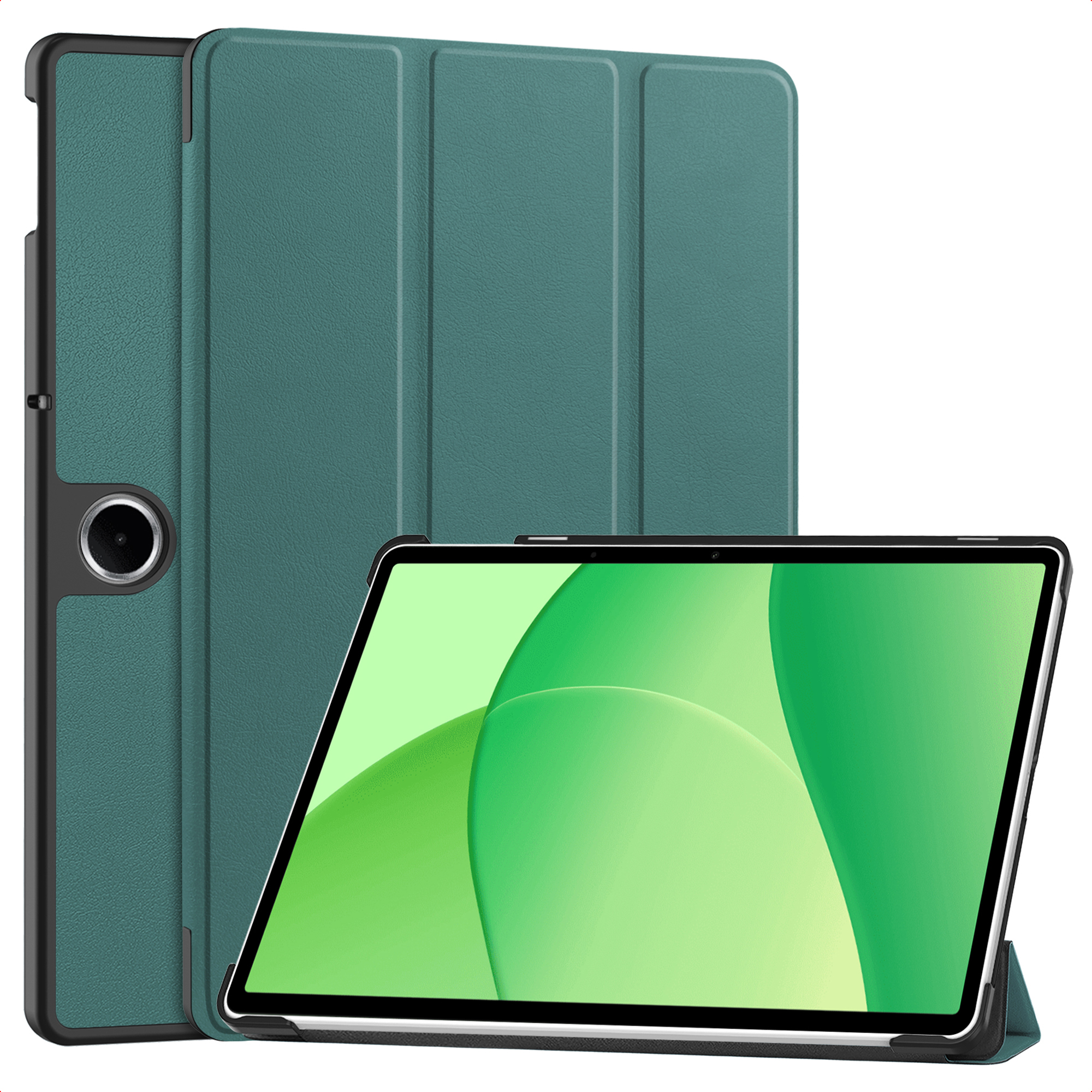 A teal tablet case stands behind a tablet displaying a green screen.